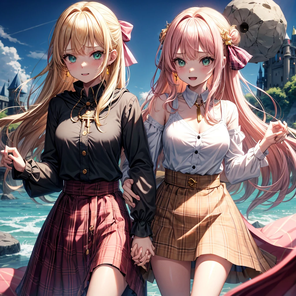 pink blonde、green eyes、one good looking girl、solo、anime、plaid mini skirt、the skirt has buttons、black camisole、black t-shirt、dress、wearing a ribbon、ribbon at waist、cloak、hood、clouds are swirling、stone slabs are piled up、one hand raised、crystal earrings、sun、teeth are visible、splash of water、monster castle、ceiling、golden key、jewelry necklace、Light and shadow、holding hands
