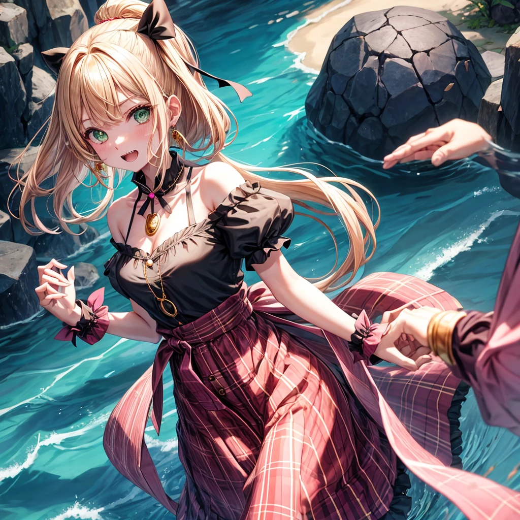 pink blonde、green eyes、one good looking girl、solo、anime、plaid mini skirt、the skirt has buttons、black camisole、black t-shirt、dress、wearing a ribbon、ribbon at waist、cloak、hood、clouds are swirling、stone slabs are piled up、one hand raised、crystal earrings、sun、teeth are visible、splash of water、monster castle、ceiling、golden key、jewelry necklace、Light and shadow、holding hands