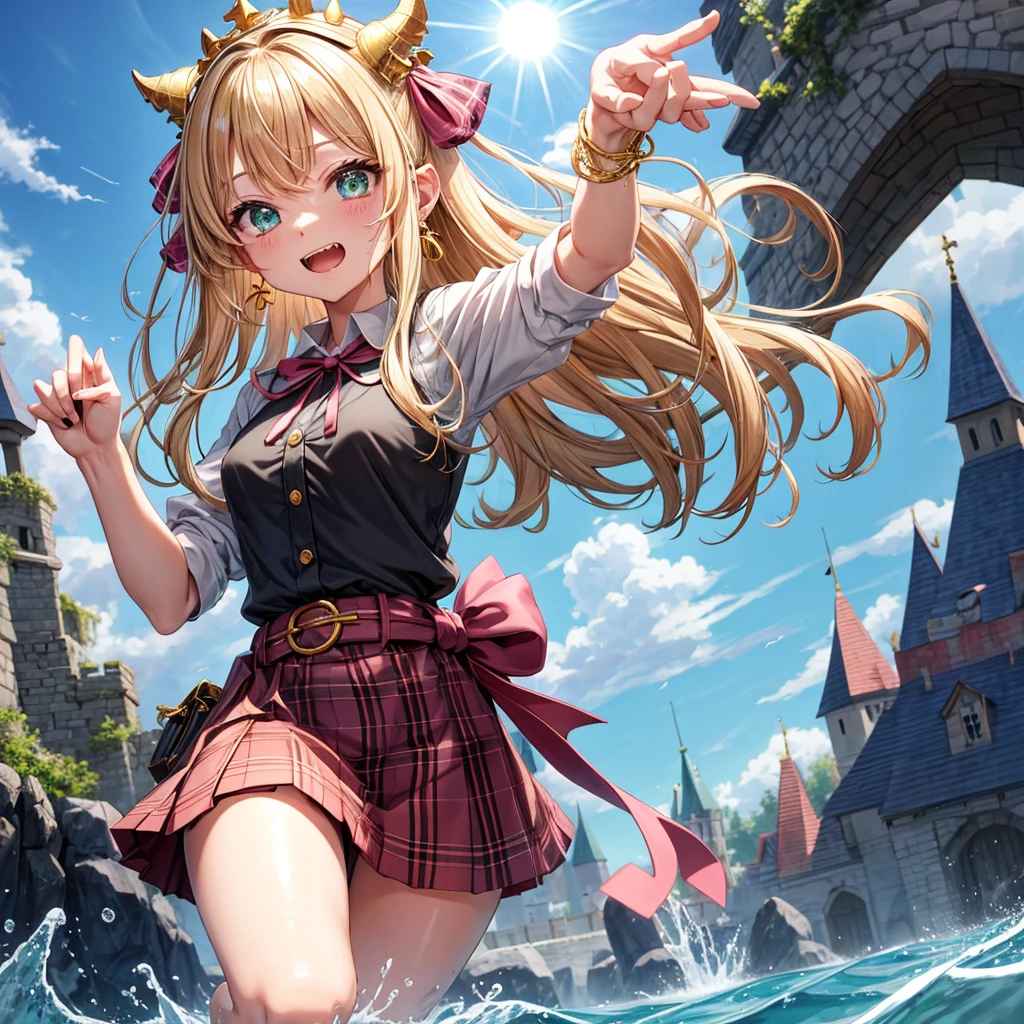 pink blonde、green eyes、one good looking girl、solo、anime、plaid mini skirt、the skirt has buttons、black camisole、black t-shirt、dress、wearing a ribbon、ribbon at waist、cloak、hood、clouds are swirling、stone slabs are piled up、one hand raised、crystal earrings、sun、teeth are visible、splash of water、monster castle、ceiling、golden key、jewelry necklace、Light and shadow、holding hands