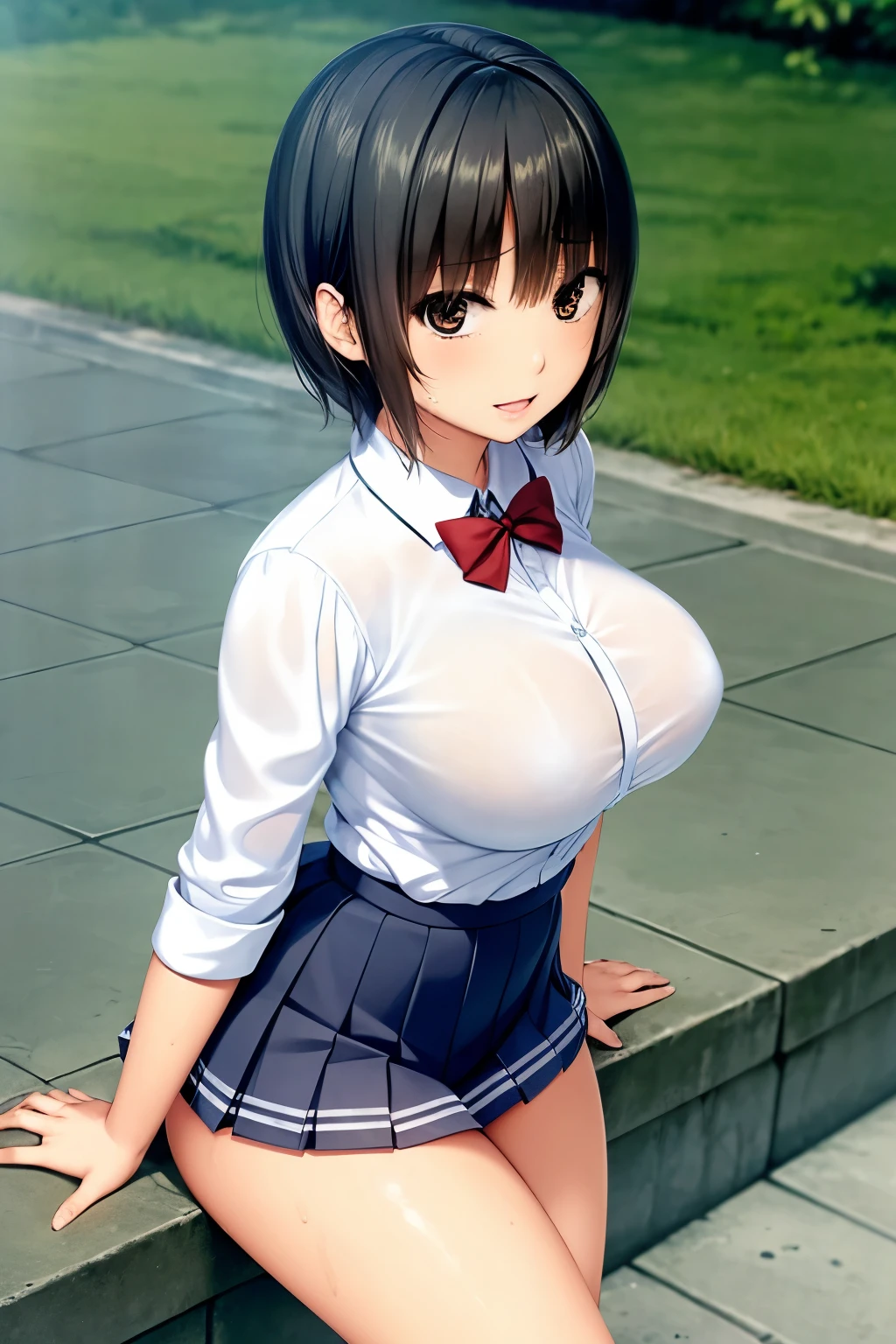 (masterpiece, highest quality, super detailed), (sumika), 1girl,  (slim:1.7), short hair, black hair, (big breasts:1.6), raised, Wet , Sweat,  beautiful face,  (Big eyes:1.5), cute,  fog,   (school uniform:0.6), (white shits:1.4), (Pleated skirt:1.4)  (from side:1.8),  JP SCHOOL UNIFORM, JS_ShortSkirt, (micro mini skirt:1.5), at school, window, (full body:1.5), white panty, 