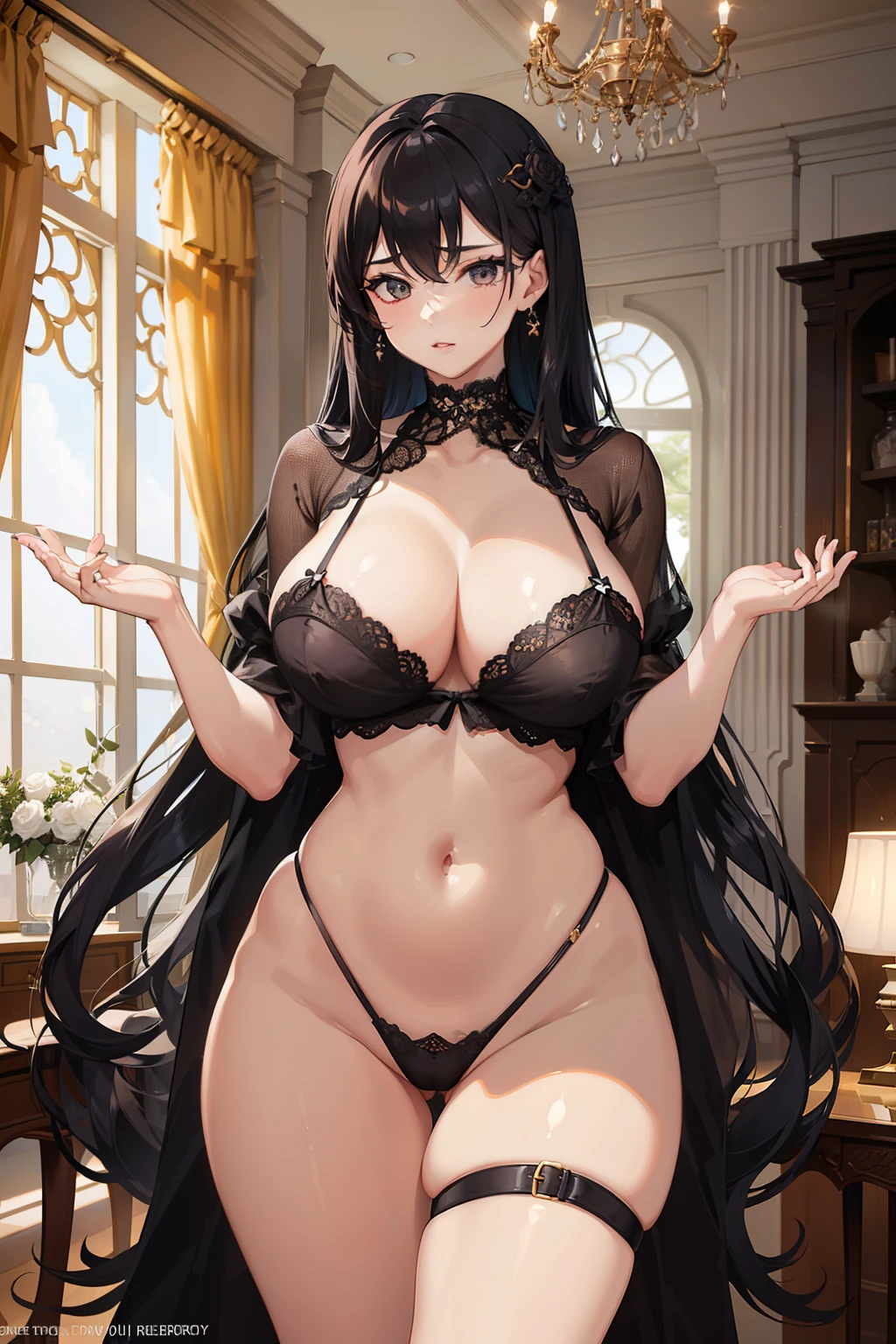 Three voluptuous women in doll lingerie showcasing their ample bosoms, voluptuous derrieres, and slender waists, while posing seductively in a tastefully decorated room. Their hourglass figures and alluring curves are accentuated by the delicate fabric of the babydolls, creating an enticing contrast between their soft and supple bodies and the luxurious surroundings. The room is adorned with elegant furniture and exquisite art pieces, adding an air of sophistication to the scene. The women exude confidence and sensuality as they embrace their curves, creating a visually striking image that celebrates the beauty of the female form.