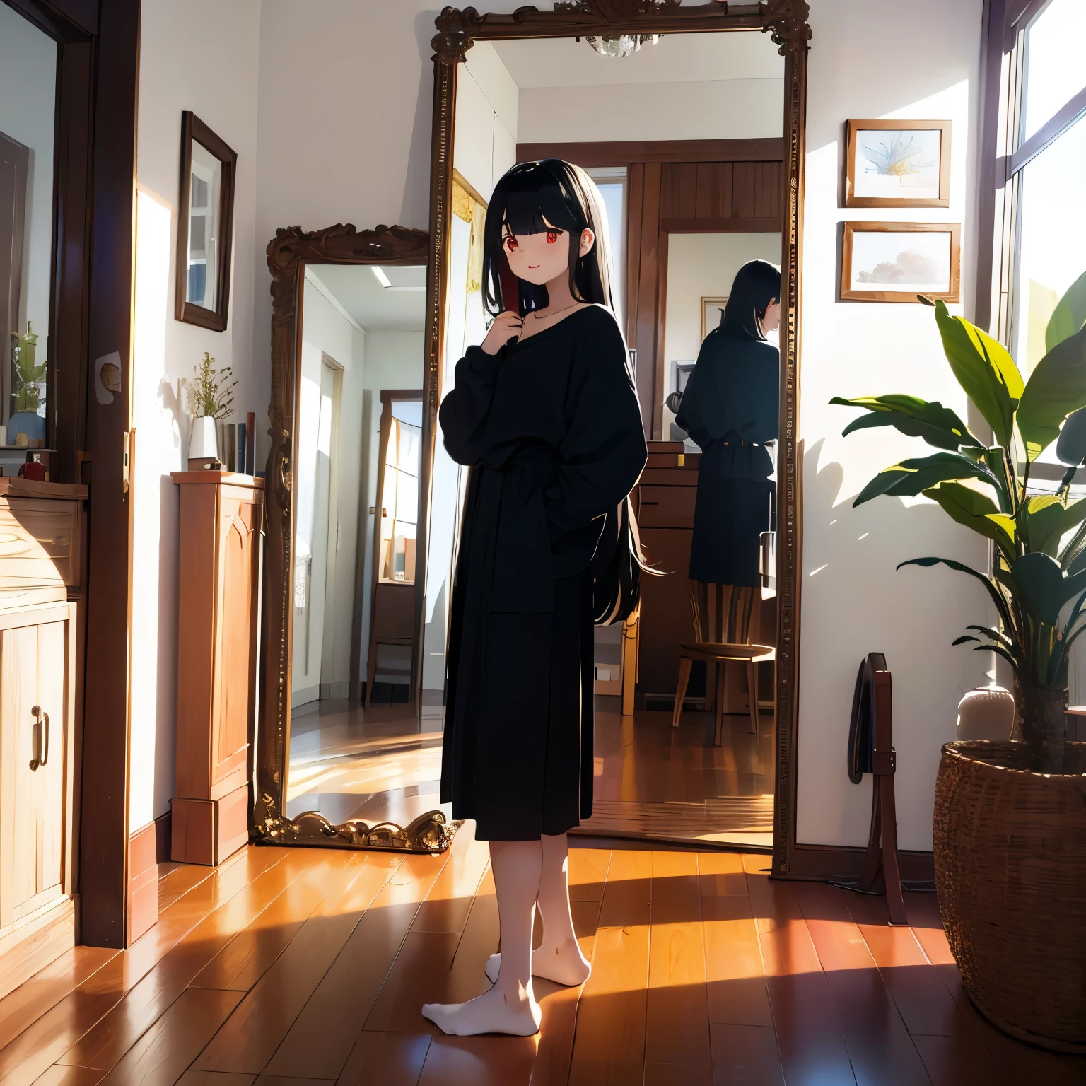 (masterpiece, best quality), ((1 man,Stand in front of the mirror)(Bright environment)(Located indoors,Wooden floors)(There is a girl in the mirror:long black hair,red pupils)