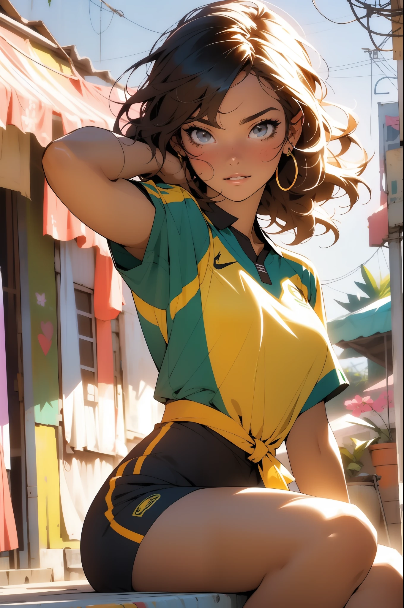 In the heart of the vibrant and lively favela of Rio de Janeiro, there lies a breathtakingly beautiful anime girl named Elena. With her sun-kissed, curly Latin American locks cascading down her shoulders, her radiant face is adorned with a light sunburn, adding a touch of authenticity to her enchanting appearance. Dressed in a proudly worn Brazilian soccer team shirt, she sits at the edge of a clay court, elegantly watching her friends engage in a spirited match. Her expressive eyes are filled with approval and support, as she cheerfully clutches a colorful ribbon marquee. The cinematic environment around her comes