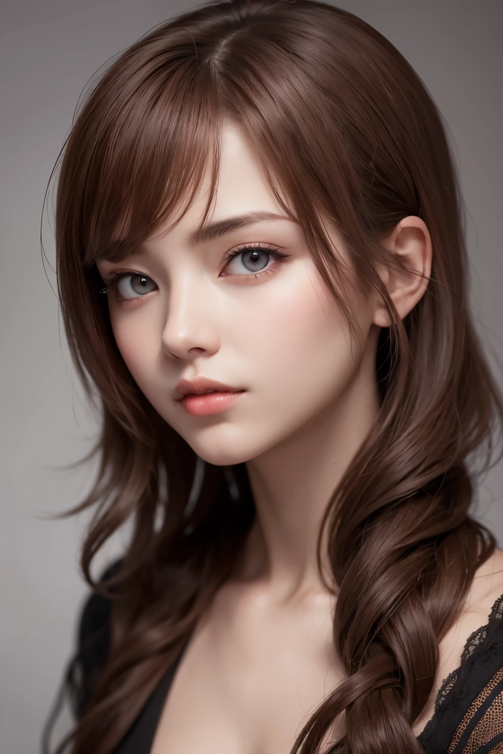 1girl, star eye, blush, perfect illumination, red hair, red eyes, unreal engine, sidelighting, detailed face, bangs, bright skin, simple background, dark background,