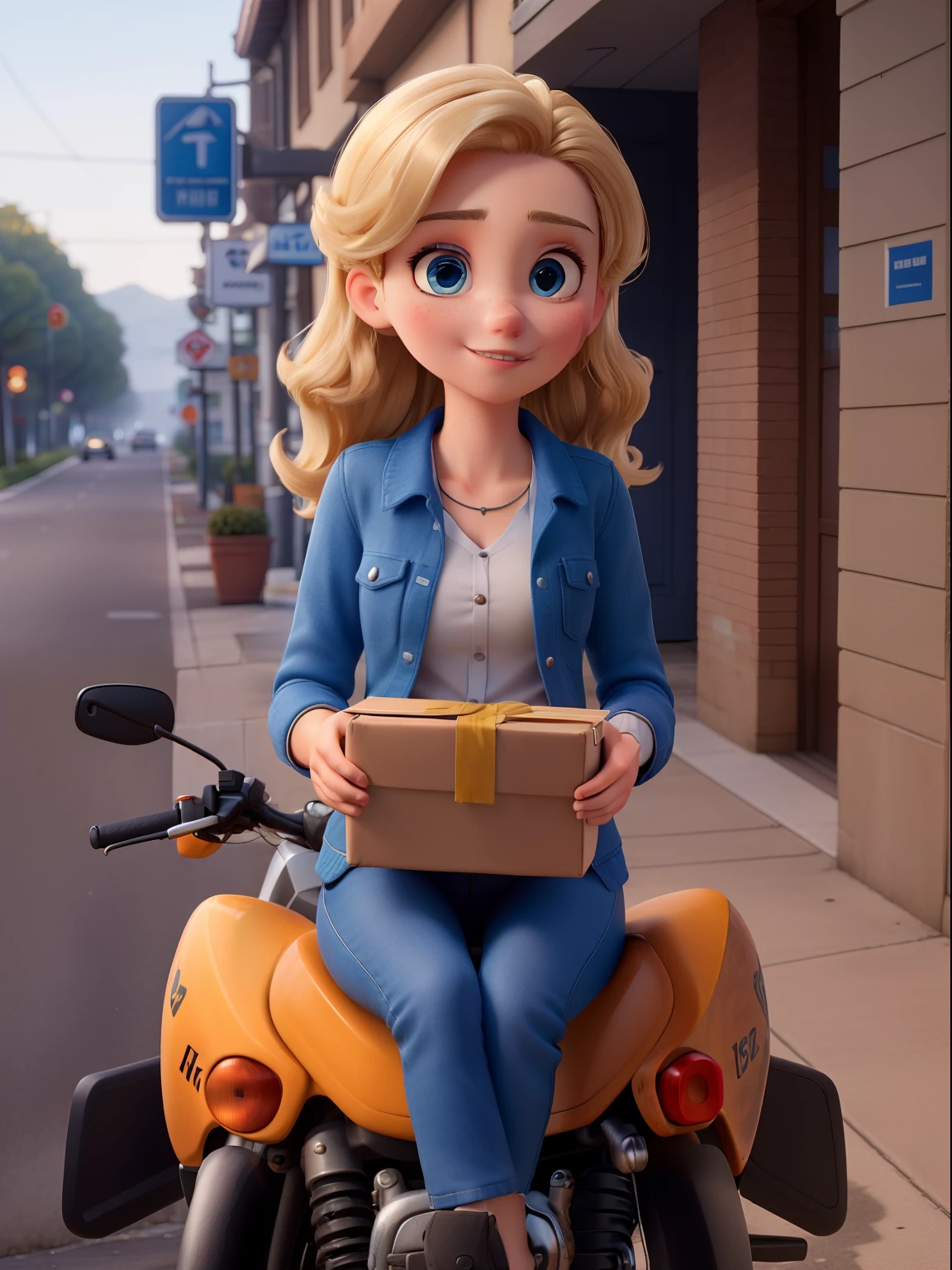 ((best quality)), ((work of art)), (detailed), perfect face, young twenty-two year old blonde, straight hair and blue eyes looking at the camera, wearing blue formal clothes, she is making deliveries about a motorbike on a street, wearing a blue work jacket, sitting holding a box