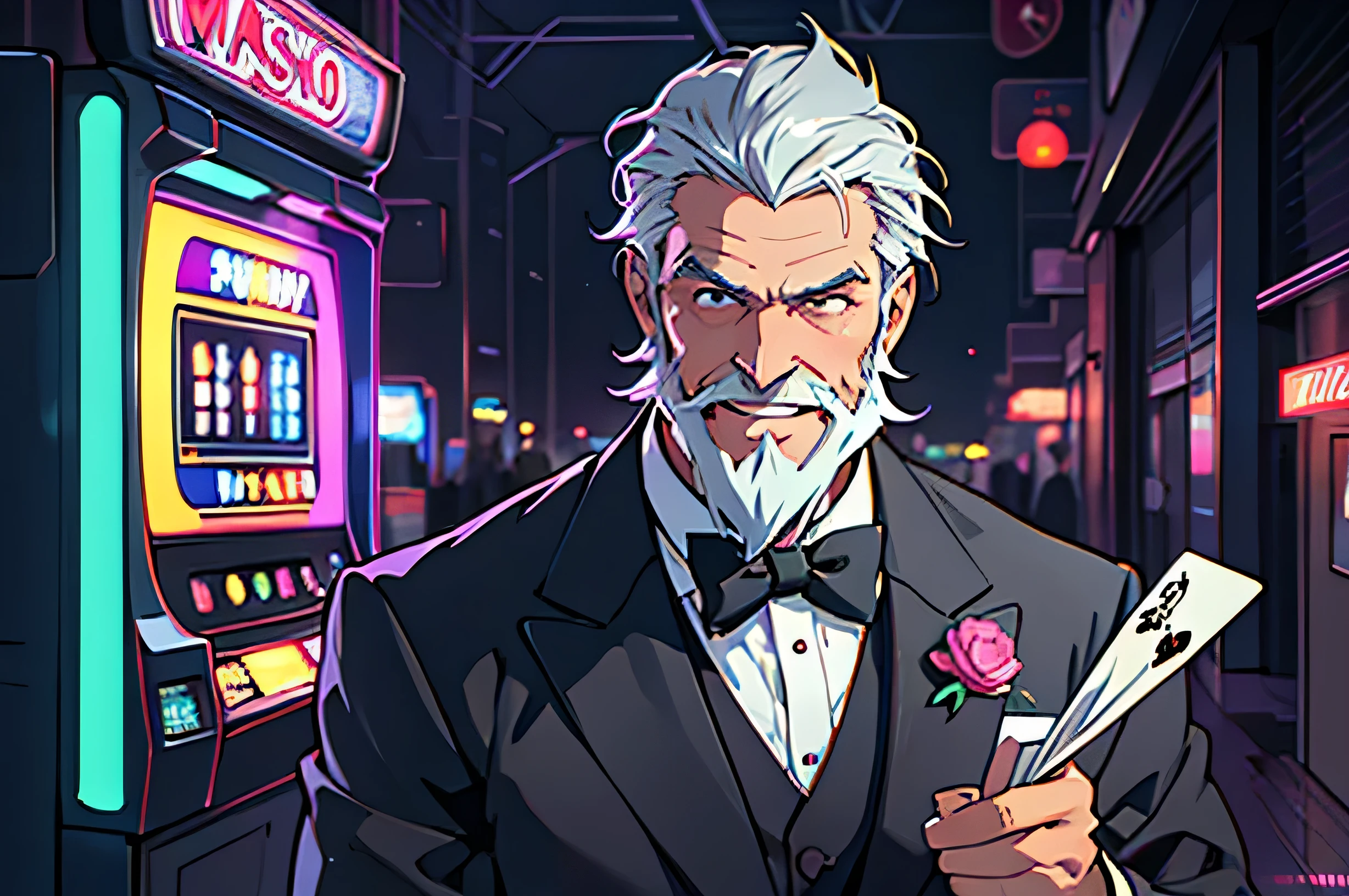 exclusive、gentleman、Gray-haired grandfather、white beard、rich、suit、A bow tie、highest quality, intricate details, chromatic aberration, towards the wall,towards the wall, shine, neon light, Black light,smile、casino、highest quality, High resolution, , anime style, concept art