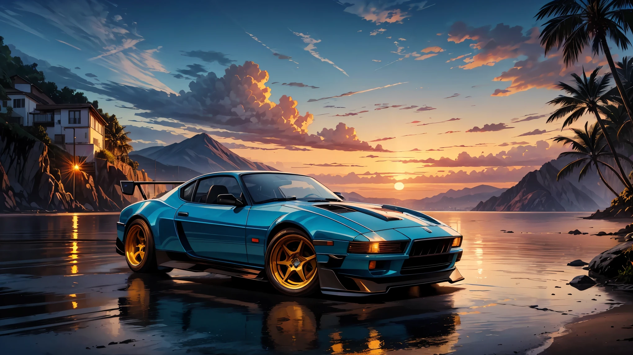 (best quality,4k,highres,masterpiece:1.2),detailed illustration,classic car,fast speed,shiny,beautiful sunset scenery,beachside drive,vibrant colors,glowing headlights,reflecting on the wet road,adventurous journey,serene atmosphere,exhilarating experience