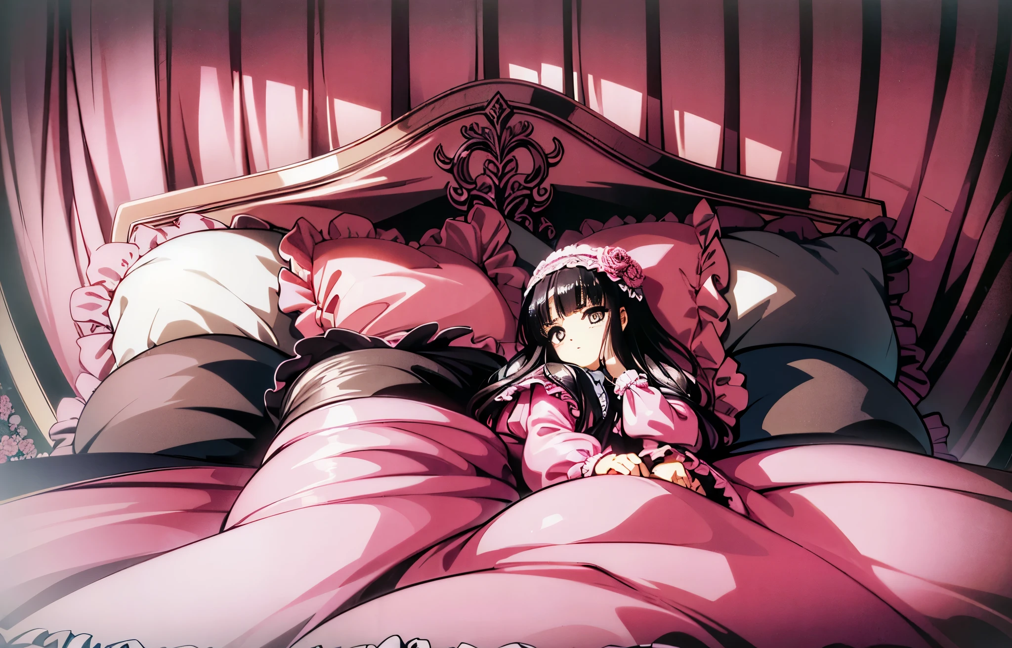,highest quality, masterpiece, highest resolution, artwork, super それにget used to it, many get used to it, get used to it, それにget used to it, 3K anime illustration,(( 10 year old girl)),Super detailed baby face,high quality small face,long black hair,Japanese,landmine girl,pajamas,,curly hair,((((ピンクのロリータファッションのlong skirtのワンピースドレス)))),((フリルとリボンがたっぷりついたピンクの可愛らしいpajamas)),((Luxurious pink headdress with frills and ribbons)),((((black ruffles and lace)))),detailed headdress,,(((big yoke collar))),Yoke collar with ruffles and ribbons,((((long sleeve)))),ruffle sleeves,((((long skirt)))),pink and black pillow with large ruffles and ribbons,(((Nice pink outfit))),豪華なcanopy bedの上,canopy bed,The bed is surrounded by luxurious curtains,There are many pink and black frilly pillows on the bed.,Behind the girl are many pink and black frilly pillows...,super detailed background,detailed bed,((((pink duvet with black lace and ruffles)))),soft pink comforter,Highly detailed soft ruffle pillow,Beautiful girl illustration,detailed beautiful face,thin hair,detailed eye ,detailed eyes,detailed mouth, arm details,fine hands,Detailed pillow,wide bed,Illustration on the bed, ,((((round futon)))),((((A large pink futon that covers the entire bed)))),detailed comforter,detailed bedシーツ,Before bedtime,romantic atmosphere,palace bedroom,((((The lower body is hidden under a large futon....)))) The girl is leaning on a pile of pillows, ,((((round futon)))),((((Large pink ruffle comforter with black ruffles and lace covering the entire bed)))),look at me with contempt,Hold your hands,bring both hands close to the mouth,