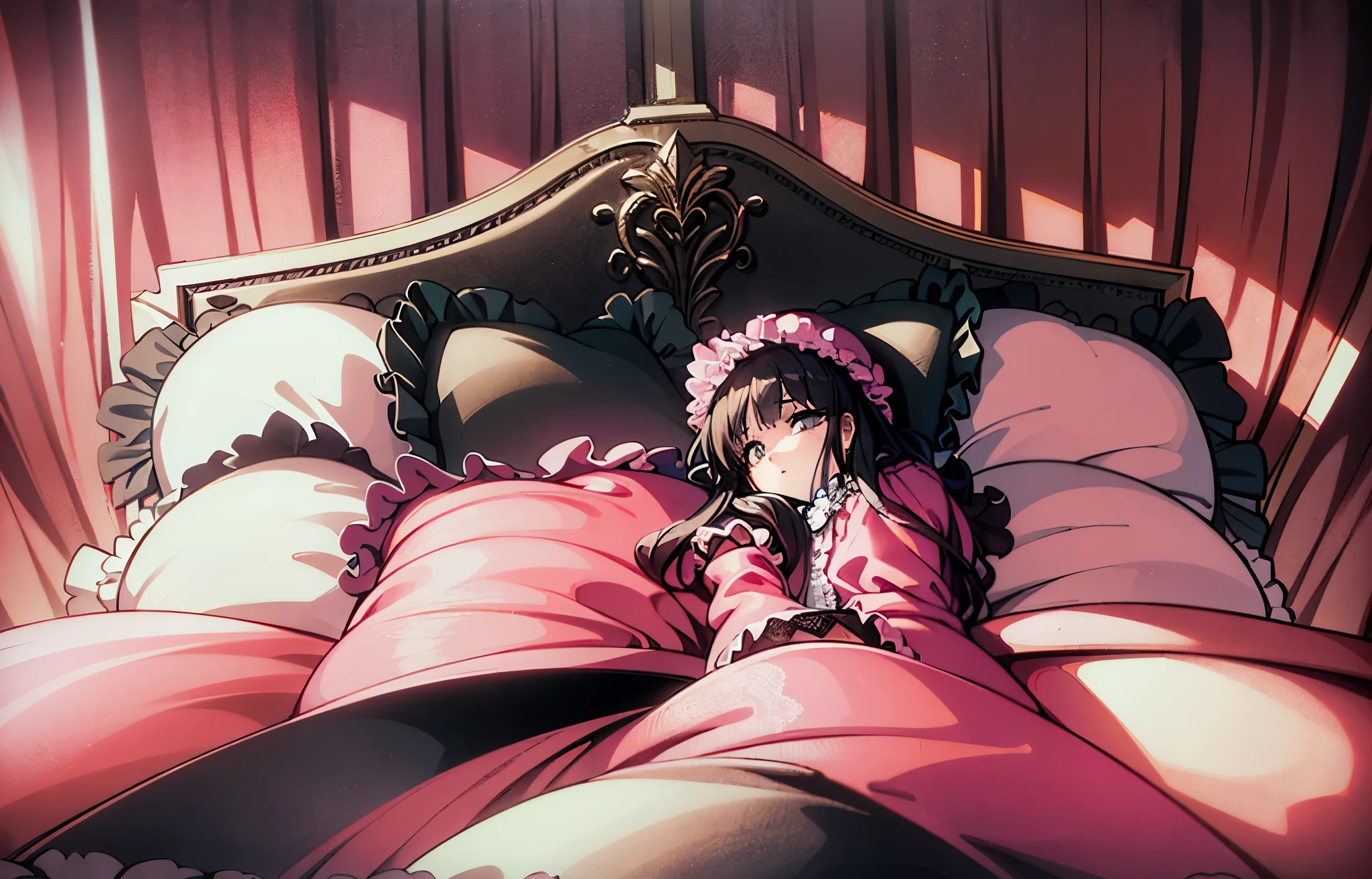 ,highest quality, masterpiece, highest resolution, artwork, super それにget used to it, many get used to it, get used to it, それにget used to it, 3K anime illustration,(( 10 year old girl)),Super detailed baby face,high quality small face,long black hair,Japanese,landmine girl,pajamas,,curly hair,((((ピンクのロリータファッションのlong skirtのワンピースドレス)))),((フリルとリボンがたっぷりついたピンクの可愛らしいpajamas)),((Luxurious pink headdress with frills and ribbons)),((((black ruffles and lace)))),detailed headdress,,(((big yoke collar))),Yoke collar with ruffles and ribbons,((((long sleeve)))),ruffle sleeves,((((long skirt)))),pink and black pillow with large ruffles and ribbons,(((Nice pink outfit))),豪華なcanopy bedの上,canopy bed,The bed is surrounded by luxurious curtains,There are many pink and black frilly pillows on the bed.,Behind the girl are many pink and black frilly pillows...,super detailed background,detailed bed,((((pink duvet with black lace and ruffles)))),soft pink comforter,Highly detailed soft ruffle pillow,Beautiful girl illustration,detailed beautiful face,thin hair,detailed eye ,detailed eyes,detailed mouth, arm details,fine hands,Detailed pillow,wide bed,Illustration on the bed, ,((((round futon)))),((((A large pink futon that covers the entire bed)))),detailed comforter,detailed bedシーツ,Before bedtime,romantic atmosphere,palace bedroom,((((The lower body is hidden under a large futon....)))) The girl is leaning on a pile of pillows, ,((((round futon)))),((((Large pink ruffle comforter with black ruffles and lace covering the entire bed)))),look at me with contempt,Hold your hands,bring both hands close to the mouth,