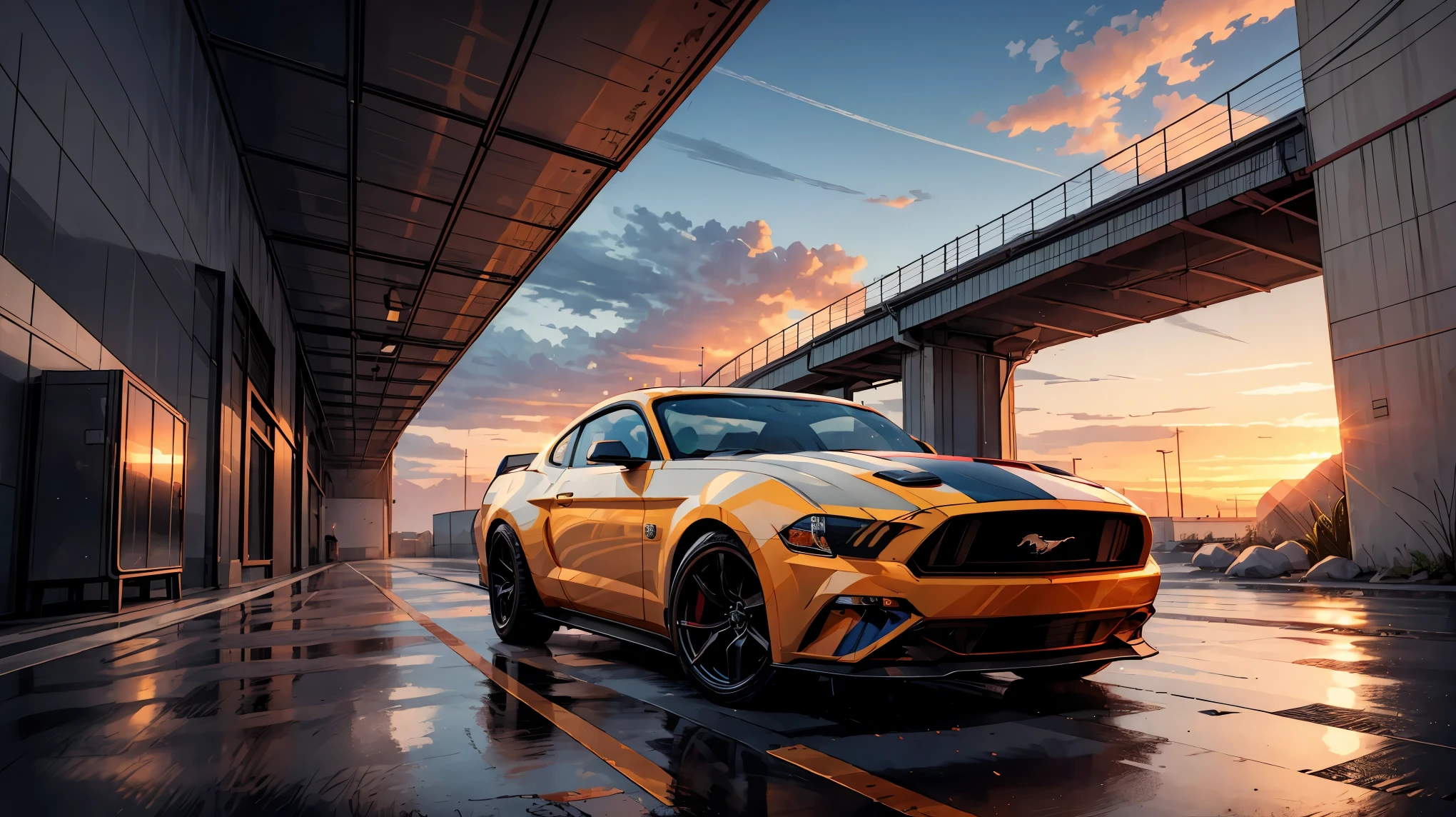(highest quality, 4K, High resolution, masterpiece:1.2), detailed illustrations, (((ford_mustang))), high speed, shiny, Beautiful sunset landscape, Beachside Drive, Bright colors, headlights shining, reflection on the wet road, adventurous journey, calm atmosphere, An exhilarating experience.