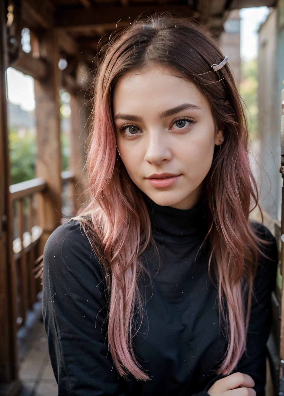 Describe a beautiful girl wearing a beautiful black dress, pink hair, her angelic face, her full lips and big bright eyes, very realistic. Describe her posture, facial expression, hair, and any accessories she may be wearing. Give details about the surrounding scene, such as the lighting, the environment, and the people around. Remember to use descriptive, vivid language to create a clear, realistic image of the girl in your mind.