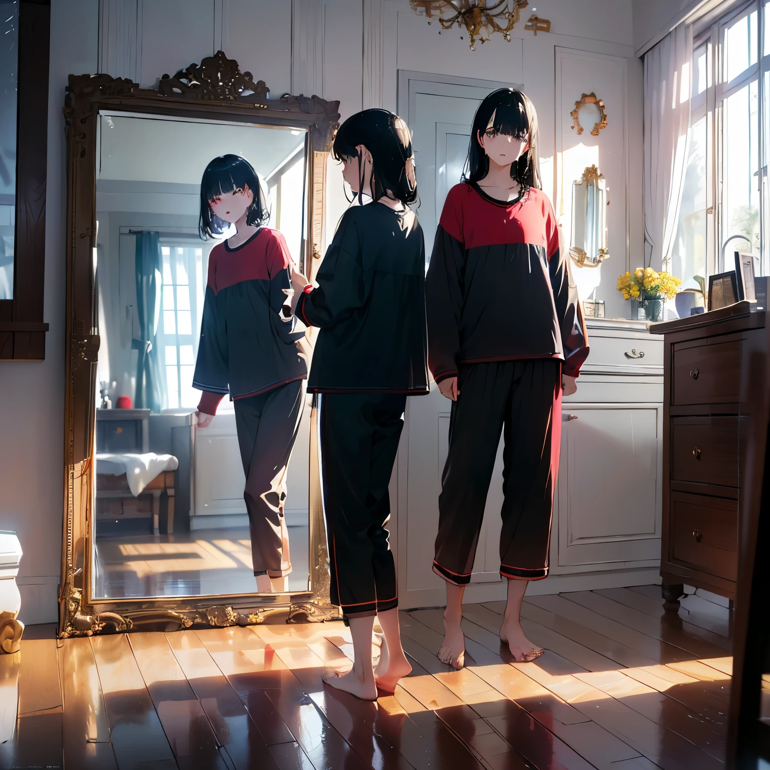 (masterpiece, best quality), ((1 person，stand in front of mirror）（bright environment）（Located indoors，wooden floor）（There's a girl in the mirror：long black hair，red pupils）（Girls&#39; clothing plus size pajamas）In-mirror blur processing Added blur processing）Wet reflective floor