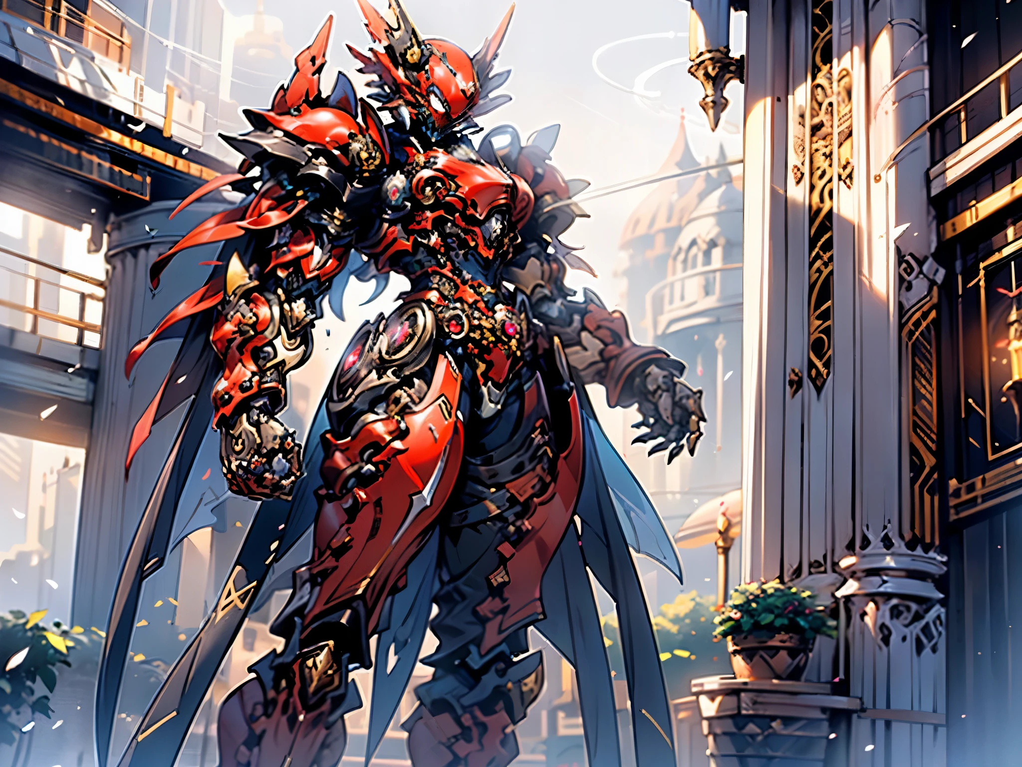 A woman adorned in fantasy-style full-body armor, a crown-concept fully enclosed helmet that unveils only her eyes, a composite layered chest plate, fully encompassing shoulder and hand guards, a lightweight waist armor, form-fitting shin guards, the overall design is heavy-duty yet flexible, ((the armor gleams with a golden glow, complemented by red and blue accents)), exhibiting a noble aura, she floats above a fantasy-surreal high-tech city, this character embodies a finely crafted fantasy-surreal style armored hero in anime style, exquisite and mature manga art style, (Queen bee mixed with Spider concept Armor, plasma, blood), ((Element, energy, elegant, goddess, femminine:1.5)), metallic, high definition, best quality, highres, ultra-detailed, ultra-fine painting, extremely delicate, professional, anatomically correct, symmetrical face, extremely detailed eyes and face, high quality eyes, creativity, RAW photo, UHD, 32k, Natural light, cinematic lighting, masterpiece-anatomy-perfect, masterpiece:1.5