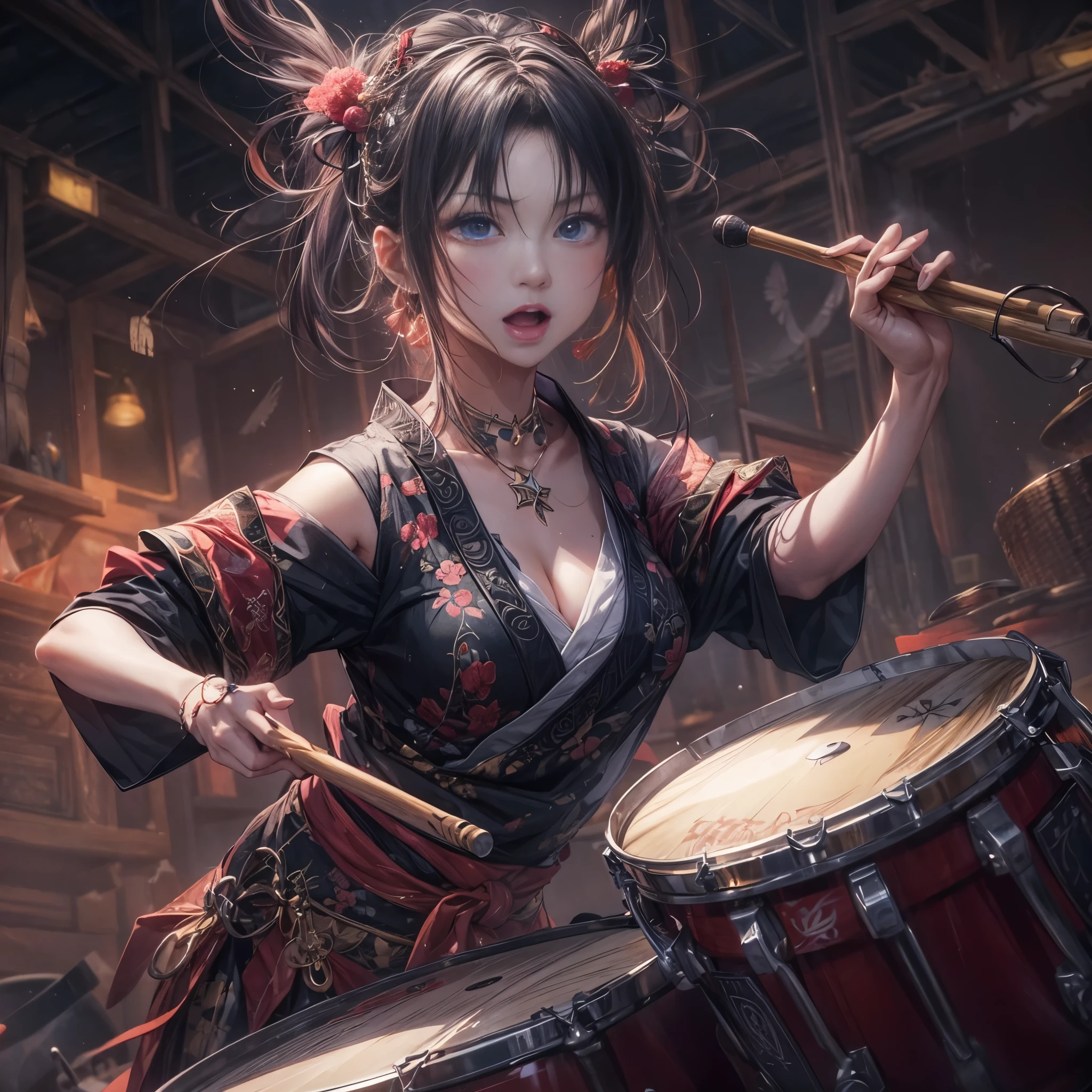 High quality fantasy anime pictures, wife gothic metal （Japanese courtesan girl passionately plays the drums:1.5）,  playing the drums passionately on stage, Holding a drumstick、Japanese style drum、heat up session, shake your head,  screaming close-up