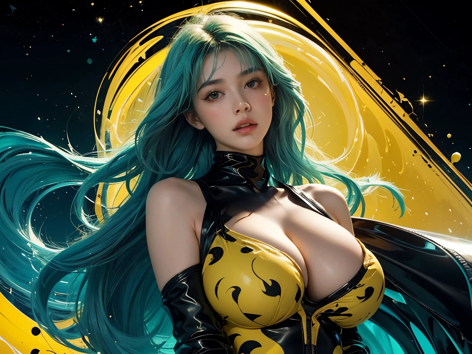 1 european woman floating in space, upper body, black bodysuit, bare breasts,mint green hair, ultra sexy,abstract yellow pattern background, (abstract yellow pattern background),ultra huge breasts, (ultra huge breasts),(ultra busty), blushing, ashamed