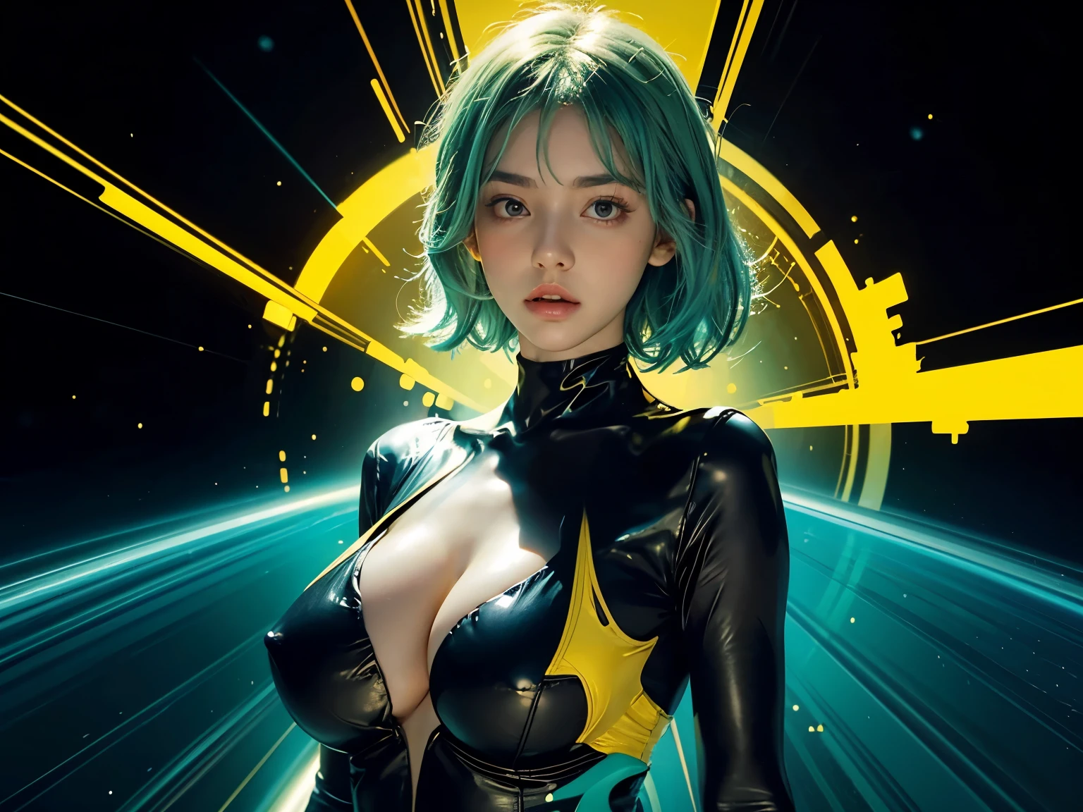 1 european woman floating in space, upper body, black ,  breasts,mint green hair, ultra sexy,abstract yellow pattern background, (abstract yellow pattern background),ultra , (ultra huge breasts),(ultra busty), blushing, ashamed