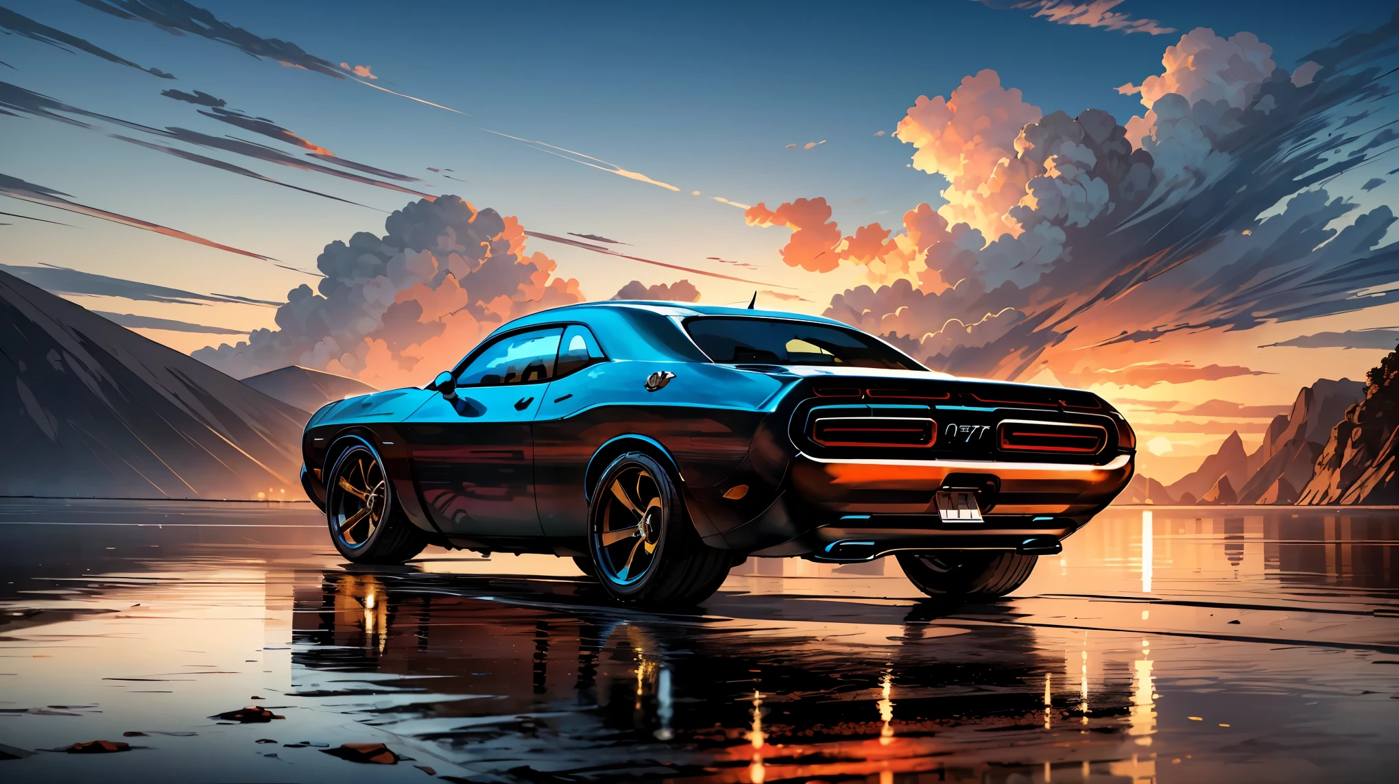 (highest quality, 4K, High resolution, masterpiece:1.2), detailed illustrations, (((Dodge_challenger))), high speed, shiny, Beautiful sunset landscape, Beachside Drive, Bright colors, headlights shining, reflection on the wet road, adventurous journey, calm atmosphere, An exhilarating experience.