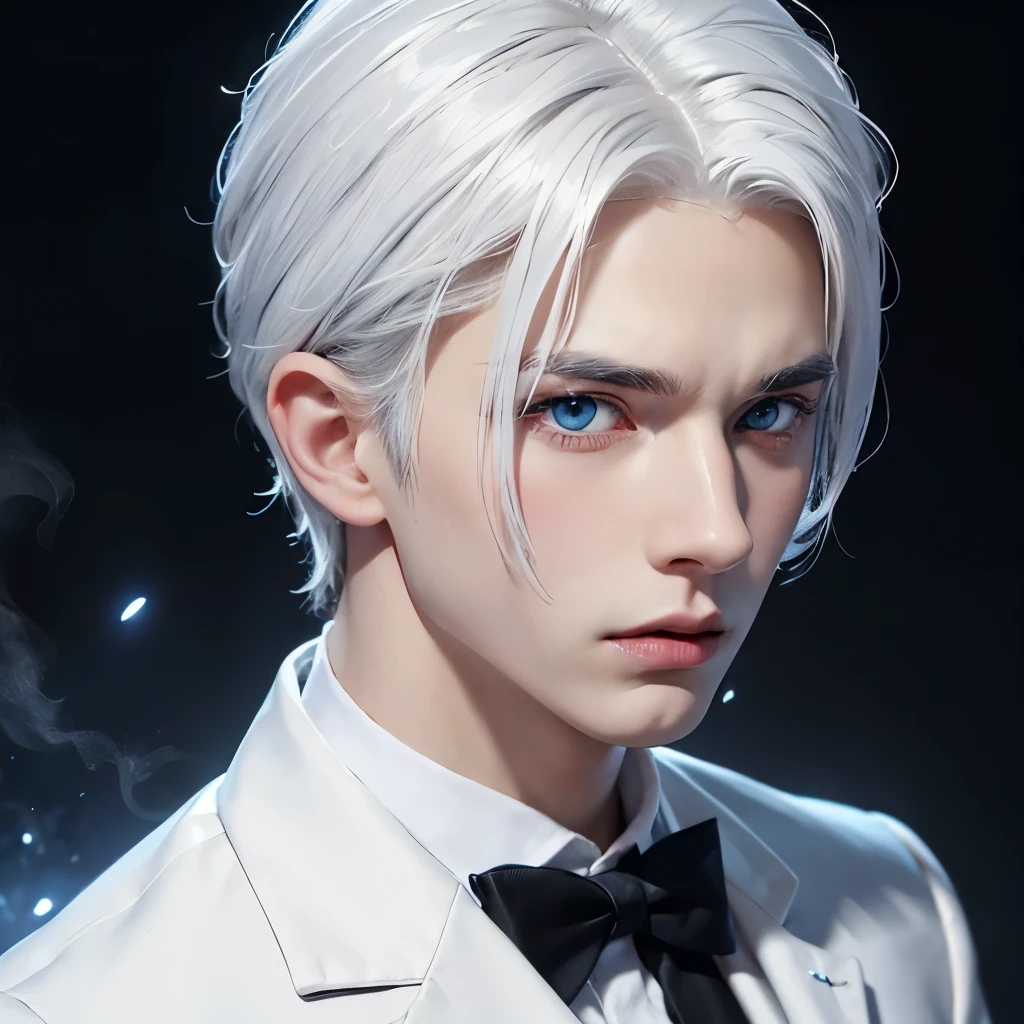 Boy, white hair, blue eyes, serious sharp features, white skin, formal style, office