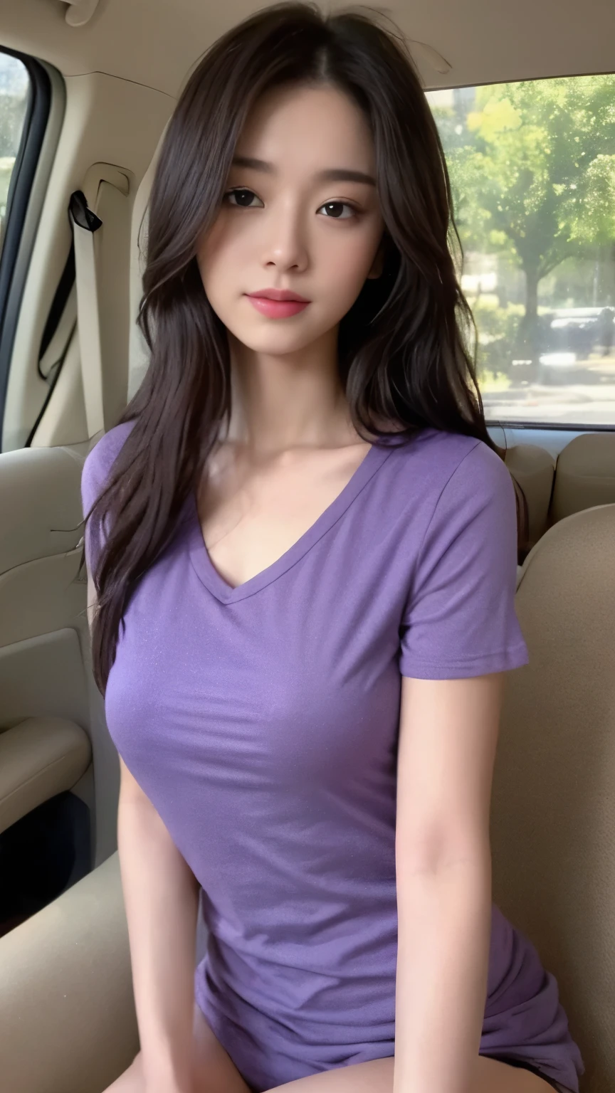 ((top-quality、8k、masterpiece:1.3))、Beautiful woman with perfect body:1.4、slim abdomen:1.2、Longhair, normal breast, Highly detailed facial and skin texture, A detailed eye, delicate eyes, double eyelid, (smile), (full body shot), ((in the car 1.1)), (sitting in the car), ((wearing purple casual t-shirt)), looking in front