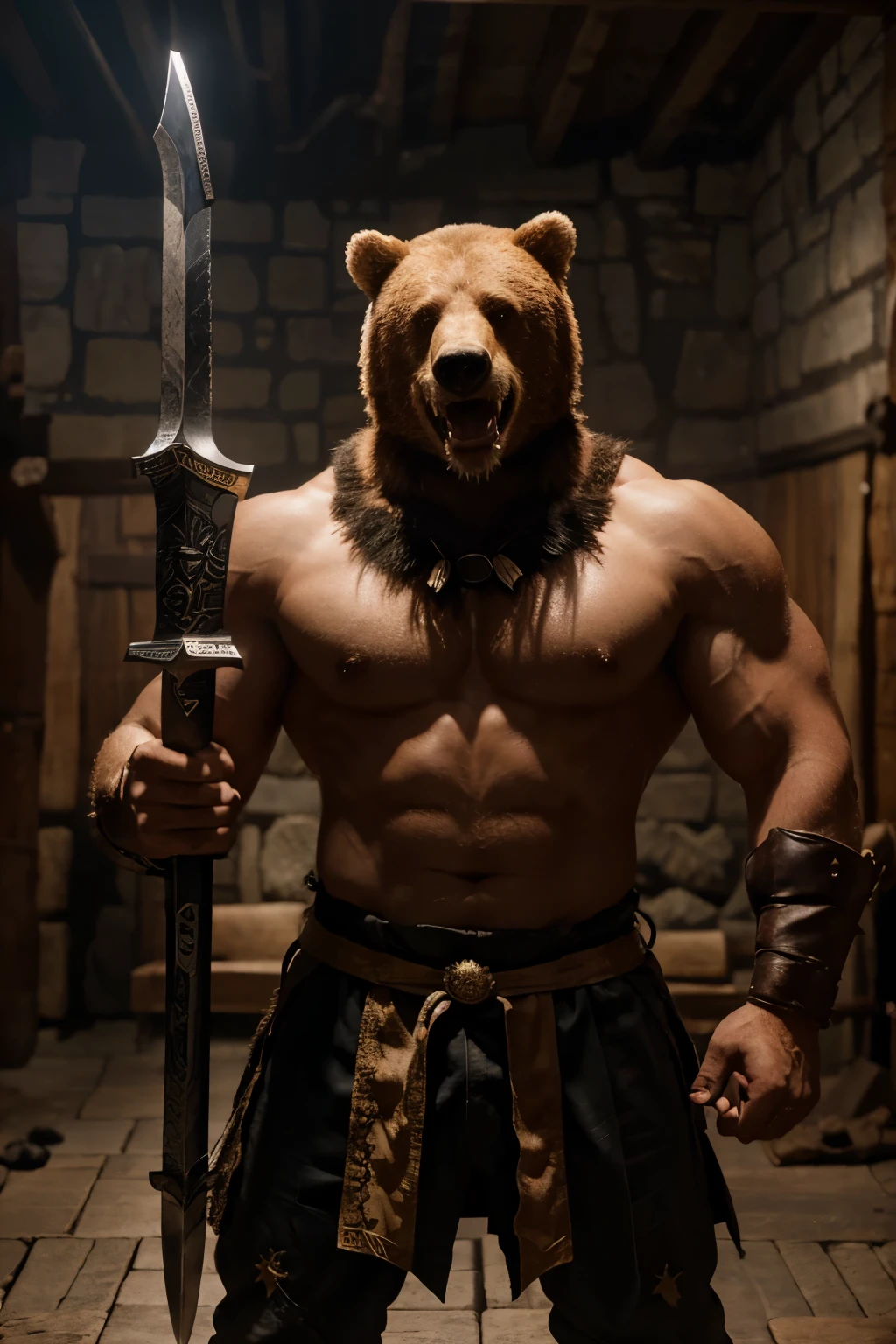 Create a hero with a two-handed sword with magical symbols embossed on it, hero strong, pumped up, in an epic medieval outfit and the head of an angry bear, stands at full height holding it in front of him and bares his teeth aggressively.
