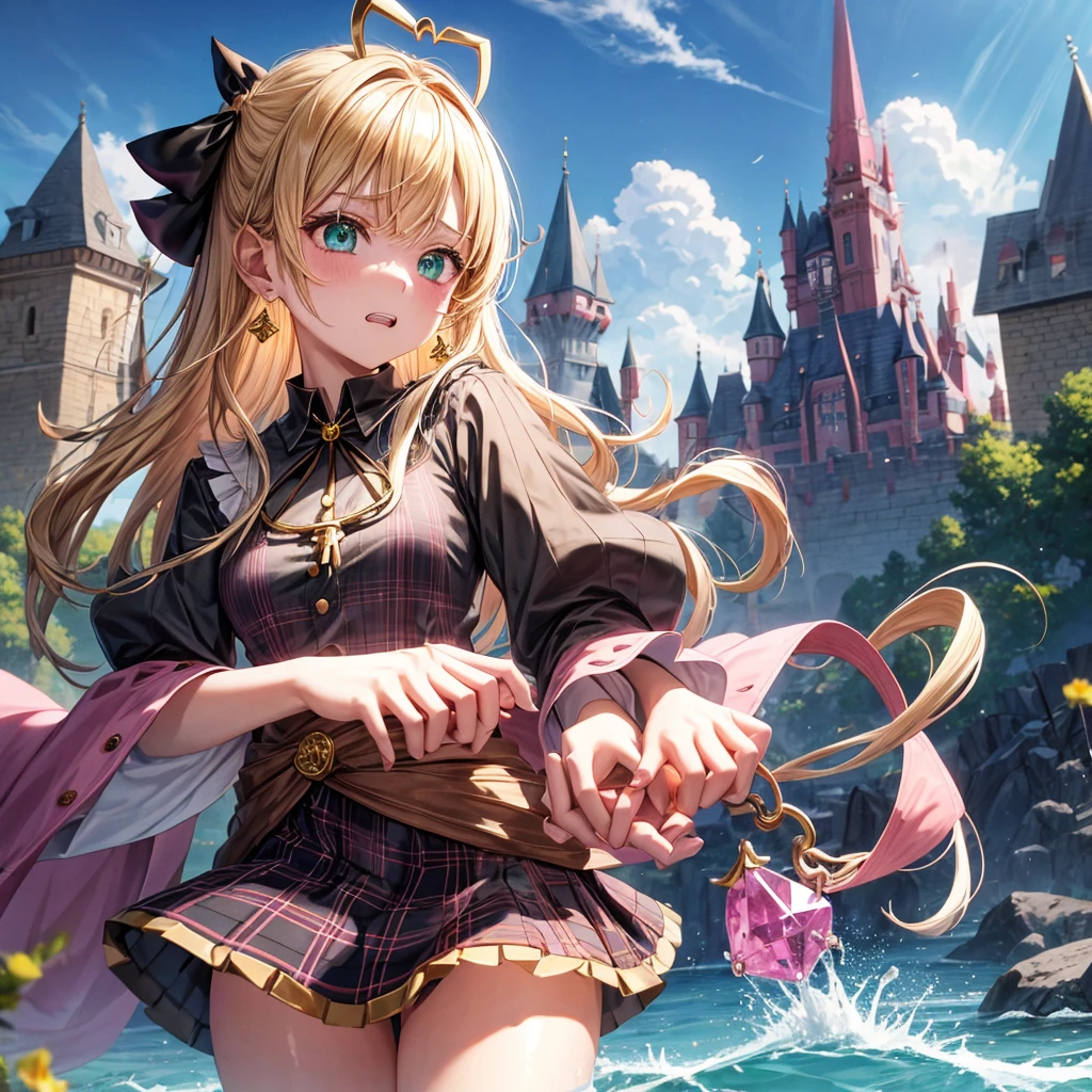 pink blonde、green eyes、one good looking girl、solo、anime、plaid mini skirt、the skirt has buttons、black camisole、black t-shirt、dress、wearing a ribbon、ribbon at waist、cloak、hood、clouds are swirling、stone slabs are piled up、one hand raised、crystal earrings、sun、teeth are visible、splash of water、monster castle、ceiling、golden key、jewelry necklace、Light and shadow、holding hands