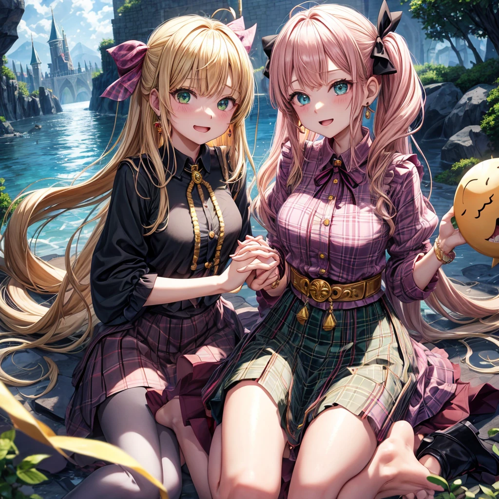 pink blonde、green eyes、one good looking girl、solo、anime、plaid mini skirt、the skirt has buttons、black camisole、black t-shirt、dress、wearing a ribbon、ribbon at waist、cloak、hood、clouds are swirling、stone slabs are piled up、one hand raised、crystal earrings、sun、teeth are visible、splash of water、monster castle、ceiling、golden key、jewelry necklace、Light and shadow、holding hands