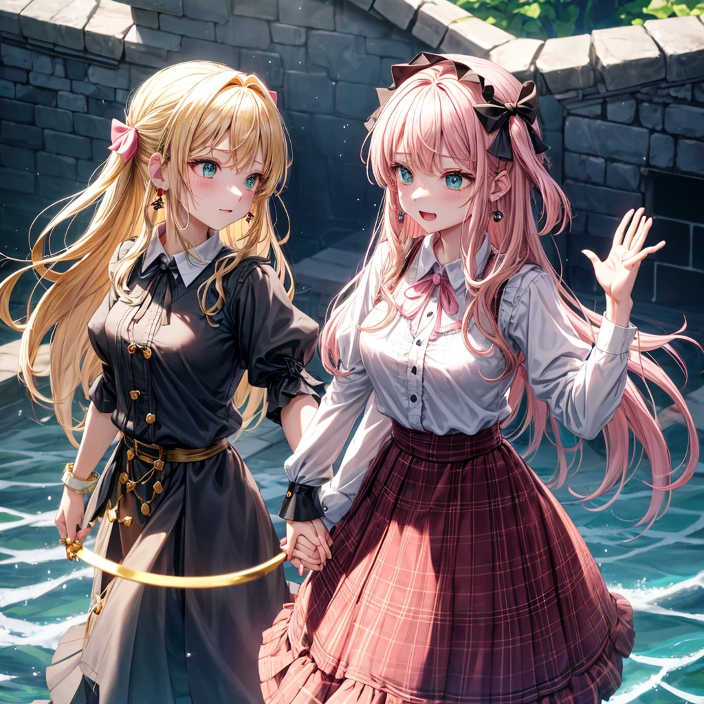 pink blonde、green eyes、one good looking girl、solo、anime、plaid mini skirt、the skirt has buttons、black camisole、black t-shirt、dress、wearing a ribbon、ribbon at waist、cloak、hood、clouds are swirling、stone slabs are piled up、one hand raised、crystal earrings、sun、teeth are visible、splash of water、monster castle、ceiling、golden key、jewelry necklace、Light and shadow、holding hands