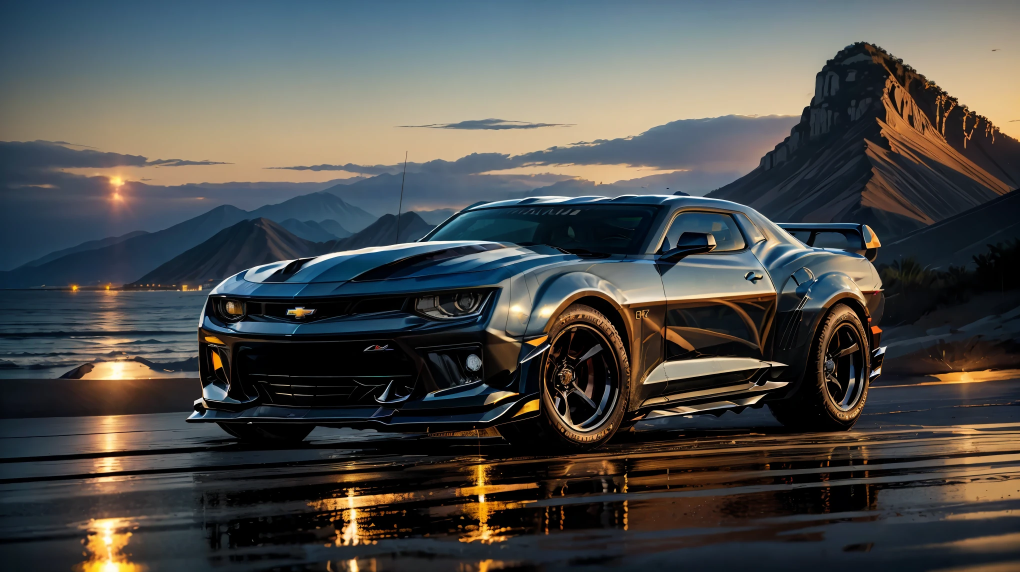 (highest quality, 4K, High resolution, masterpiece:1.2), detailed illustrations, (((chevrolet_camaro))), high speed, shiny, Beautiful sunset landscape, Beachside Drive, Bright colors, headlights shining, reflection on the wet road, adventurous journey, calm atmosphere, An exhilarating experience.