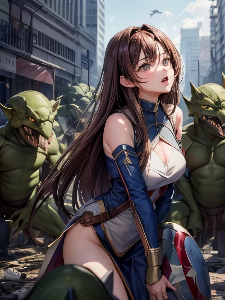 highest quality、beautiful woman with long brown hair、captain america suit、eyes are sharp、open your mouth、bark、Fight against lizardmen、many lizardmen、Lizardman sticking out his tongue、Lizardman attacking from behind、collapsed buildings、Different world、dark fantasy