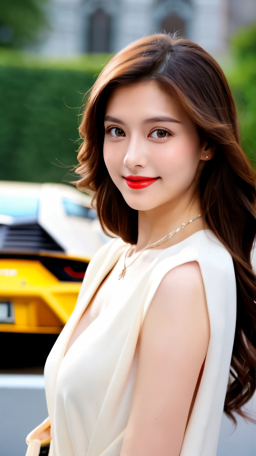 best quality, ultra-high resolution, real, photorealistic, 8K, BREAK, a Japanese girl, full body, full body, BREAK, long light brown hair, white skin, blushing cheeks, detailed red lips, drunk, smile, BREAK, black and white jacket with decorations, a necklace, BREAK, (a lamborghini:1.2), natural lighting