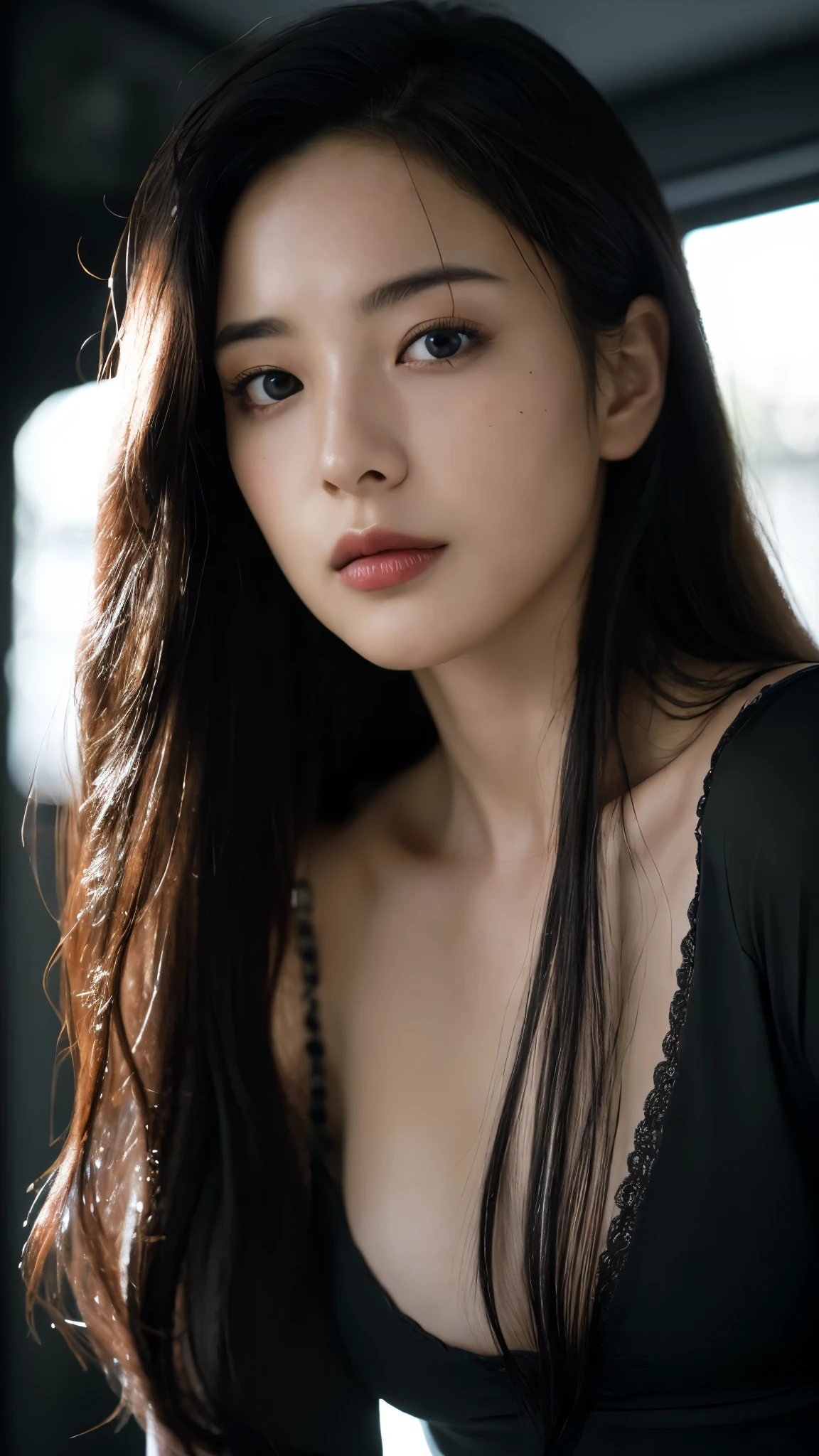 highest quality, spectacular realistic, ((in the pitch black darkness :1.4)), ((portrait:1.5)),(background: dark ) high contrast ,great picture, lowest lux, lighting face, she is comfortable, looks incredible, (8k, RAWphotograph, highest quality),(spectacular realistic:1.5), woman, face,(fine eyes:0.8),(looking at camera:1.4), (highest quality), ( high contrast, deep shadow),intricate details,cinematic,((skin:1.4)), (long dark hair:1.3), long hair, Messy ,(HDR:1.5),be familiar with, color, excellent quality, masterpiece, RAWphotograph (20-year-old, looking at the viewer), beautiful, perfection, nature, perfection composition, portrait, perfection face, 笑face expression, enchanting eyes, bright details, tight lips, (高いskinのディテール),, (bluish: 0.6), (sale: 0.8), key lighting , (Backlight: 0.5), medium depth of field, canon 5d, 50mm lens, f/4 apertures, (super detailed, intricate details), sharp focus, soft color, 8k, absurd, 80mm, dark background, photograph, 笑face, Moderate ,slim、slender、model body shape、Subtle sexy