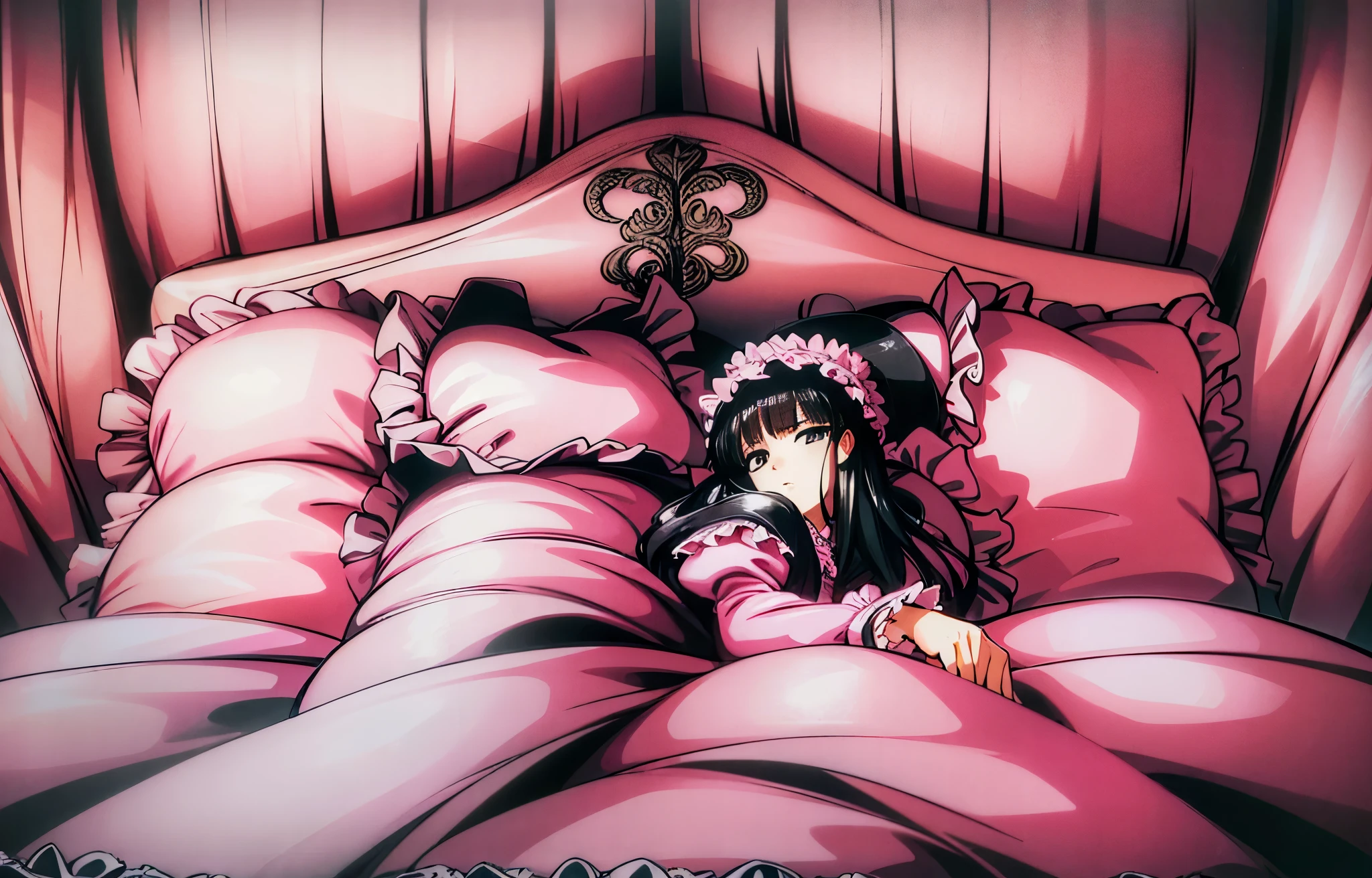,highest quality, masterpiece, highest resolution, artwork, super それにget used to it, many get used to it, get used to it, それにget used to it, 3K anime illustration,((  girl)),Super detailed baby face,hty small face,long black hair,Japanese,landmine girl,pajamas,,curly hair,((((ピンクのロリータファッションのlong skirtのワンピースドレス)))),((フリルとリボンがたっぷりついたピンクの可愛らしいpajamas)),((Luxurious pink headdress with frills and ribbons)),((((black ruffles and lace)))),detailed headdress,,(((big yoke collar))),Yoke collar with ruffles and ribbons,((((long sleeve)))),ruffle sleeves,((((long skirt)))),pink and black pillow with large ruffles and ribbons,(((Nice pink outfit))),豪華なcanopy bedの上,canopy bed,The bed is surrounded by luxurious curtains,There are many pink and black frilly pillows on the bed.,Behind the girl are many pink and black frilly pillows...,super detailed background,detailed bed,((((pink duvet with black lace and ruffles)))),soft pink comforter,Highly detailed soft ruffle pillow,Beautiful girl illustration,detailed beautiful face,thin hair,detailed eye ,detailed eyes,detailed mouth, arm details,fine hands,Detailed pillow,wide bed,Illustration on the bed, ,((((round futon)))),((((A large pink futon that covers the entire bed)))),detailed comforter,detailed bedシーツ,Before bedtime,romantic atmosphere,palace bedroom,((((The lower body is hidden under a large futon....)))) The girl is leaning on a pile of pillows, ,((((round futon)))),((((Large pink ruffle comforter with black ruffles and lace covering the entire bed)))),look at me with contempt,Hold your hands,bring both hands close to the mouth,