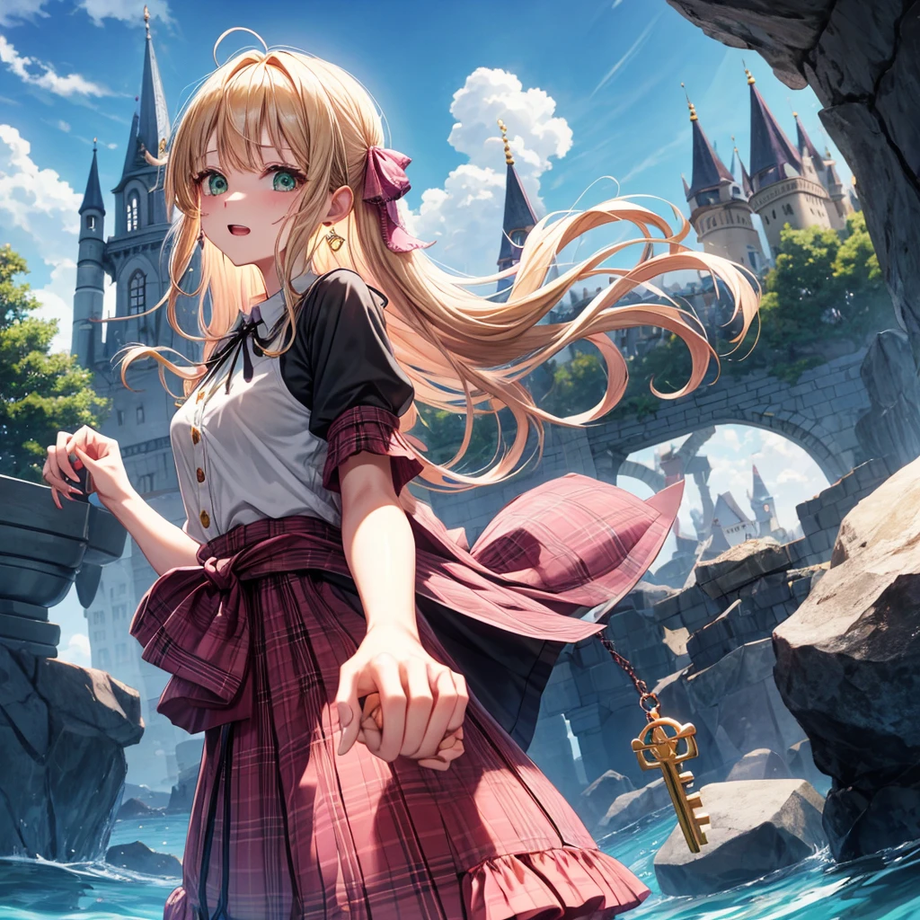 pink blonde、green eyes、one good looking girl、solo、anime、plaid mini skirt、the skirt has buttons、black camisole、black t-shirt、dress、wearing a ribbon、ribbon at waist、cloak、hood、clouds are swirling、stone slabs are piled up、one hand raised、crystal earrings、sun、teeth are visible、splash of water、monster castle、ceiling、golden key、jewelry necklace、Light and shadow、holding hands