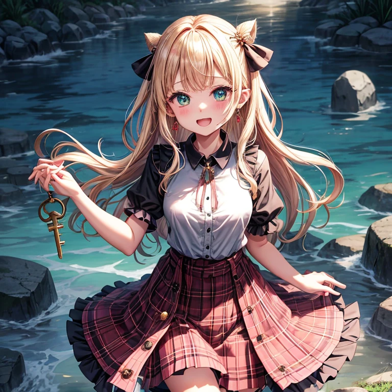 pink blonde、green eyes、one good looking girl、solo、anime、plaid mini skirt、the skirt has buttons、black camisole、black t-shirt、dress、wearing a ribbon、ribbon at waist、cloak、hood、clouds are swirling、stone slabs are piled up、one hand raised、crystal earrings、sun、teeth are visible、splash of water、monster castle、ceiling、golden key、jewelry necklace、Light and shadow、holding hands