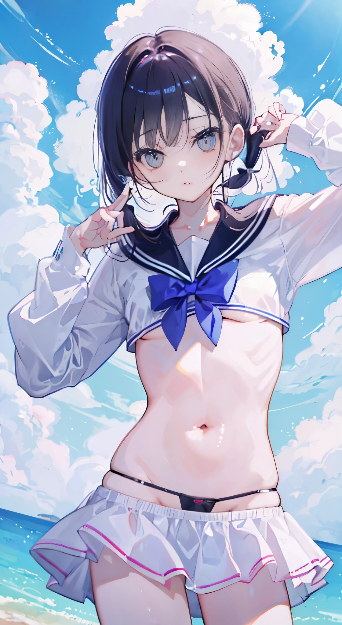 "(perfect masterpiece:1.2), (highest quality:1.2), stunning face,  uniform, mature and chubby, Big eyes, compensate, long and luxurious eyelashes, lip whole, irresistible charisma.",Maid clothes,belly button,(((boy))),(((twin tails))),abs,raised his arms,micro swimwear,NSFW,(((muscle))),sailor suit，nsfw