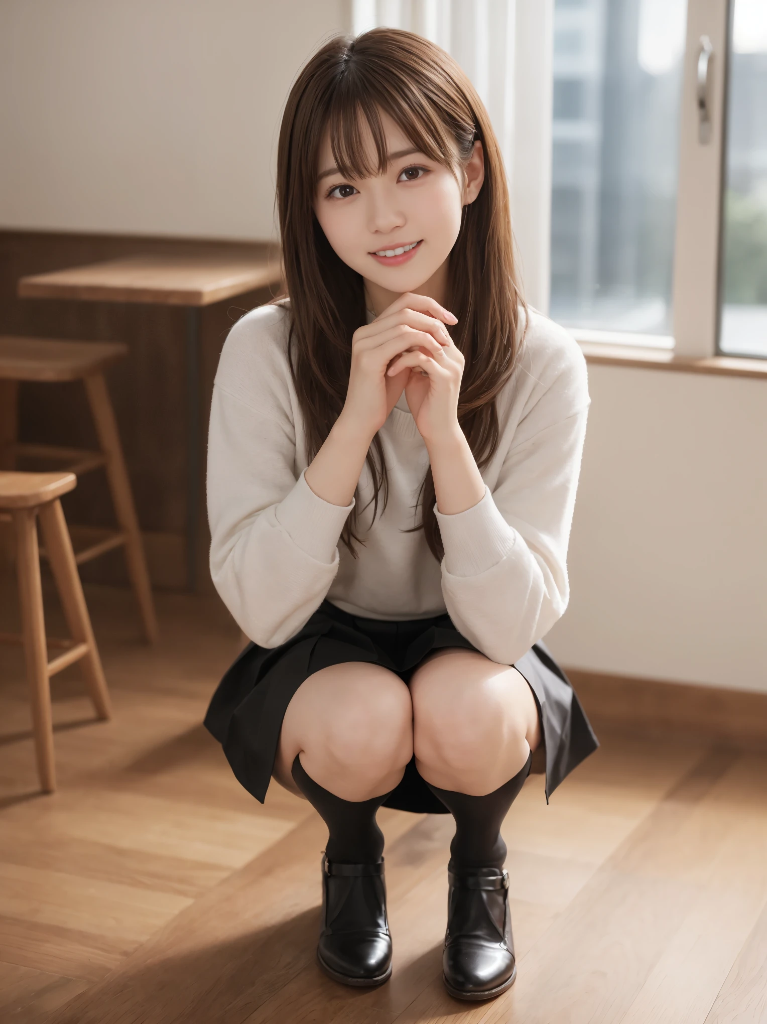 (happy expression:1.26)、Raw photo、(((Ultimate beauty full body photo)))、((glowing skin))、1 girl、25 year old beautiful girl from Prague、bright look、((brown haired))、girl wearing a sweatshirt、plaid pleated skirt、View from the floor、(long stockings or pantyhose)、(lift up the skirt yourself)、big breasts、legs open、squat、show panties、((super detailed))、(perfectly detailed face)、(detailed hands)、(finger details)、(excellent human structure)、photorealistic imageasterpiece、最high quality、super detailed、film light、intricate details、High resolution、very detailed))、detailed background、8KUHD、Digital single-lens reflex camera、soft light、high quality、film grain、Fujifilm XT3 、shallow depth of field、natural soft light、Kamimei、