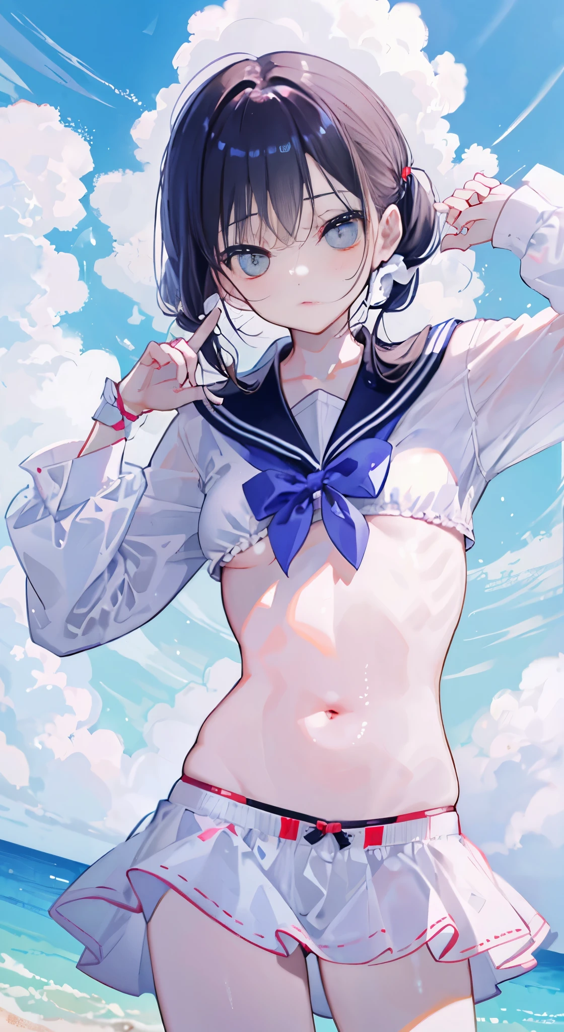 "(perfect masterpiece:1.2), (highest quality:1.2), stunning face, uniform, mature and chubby, Big eyes, compensate, long and luxurious eyelashes, lip whole, irresistible charisma.",Maid clothes,belly button,(((boy))),(((twin tails))),abs,raised his arms,micro swimwear,NSFW,(((muscle))),sailor suit,nsfw