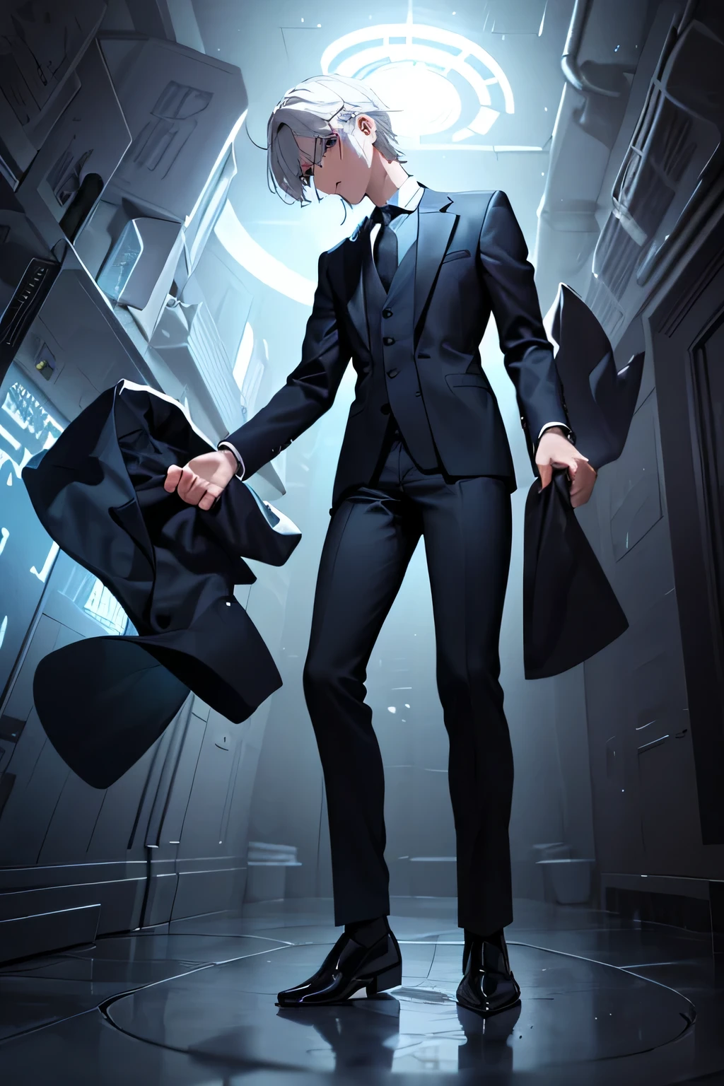 One is wearing a suit、man in tie standing there，hands open, full body portrait of a short!, Single character full body, character full body portrait, full body portrait, elegant standing posture, full body single character, whole body concept, he is wearing a suit, !!full body portrait!!, Tall blue eyed anime character, full body portrait, full body character