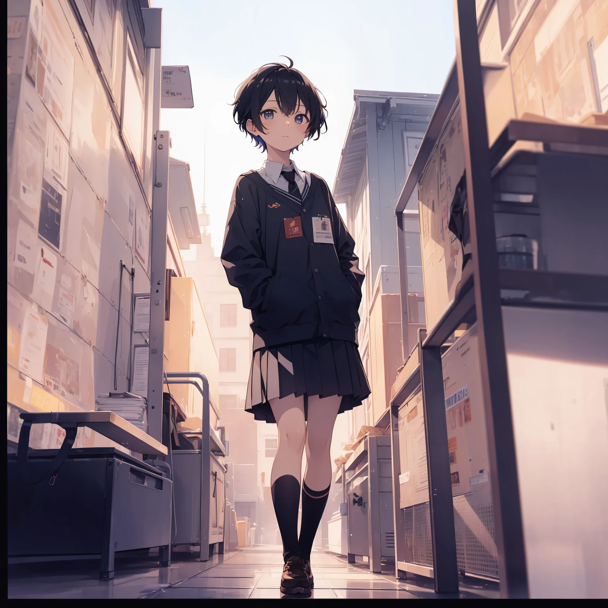 Super absurd quality by the god of art, super detailed, High resolution, anime moe art style, Best Anime 8K Kona-chan Wallpaper, pixiv contest winner, perfect anatomy, break,(眠そうにalone学校へ行く女の子を描いてください. )break,1 girl, (alone,little woman, baby face, 13 years old:1.3),All limbs, full finger,, The charm of an immature body, (very short hair), bangs, flat chest, Small Bodysuits, small ass, between legs, small black eyes, detailed and beautiful eyes, Well-proportioned iris and pupils, expressive eyes, sleepy eyes, High resolutionの詳細な髪, hair grip, neck ribbon, skirt, collared shirt,  pleated skirt, school uniform, school bag,(detailed lighting), (detailed background), On the way to school. break,super dense skin, Best movie lighting by famous artists, 8k,cute illustration,photoshop_(Moderate),Absurd Hi-Res,Hmm,rough skin