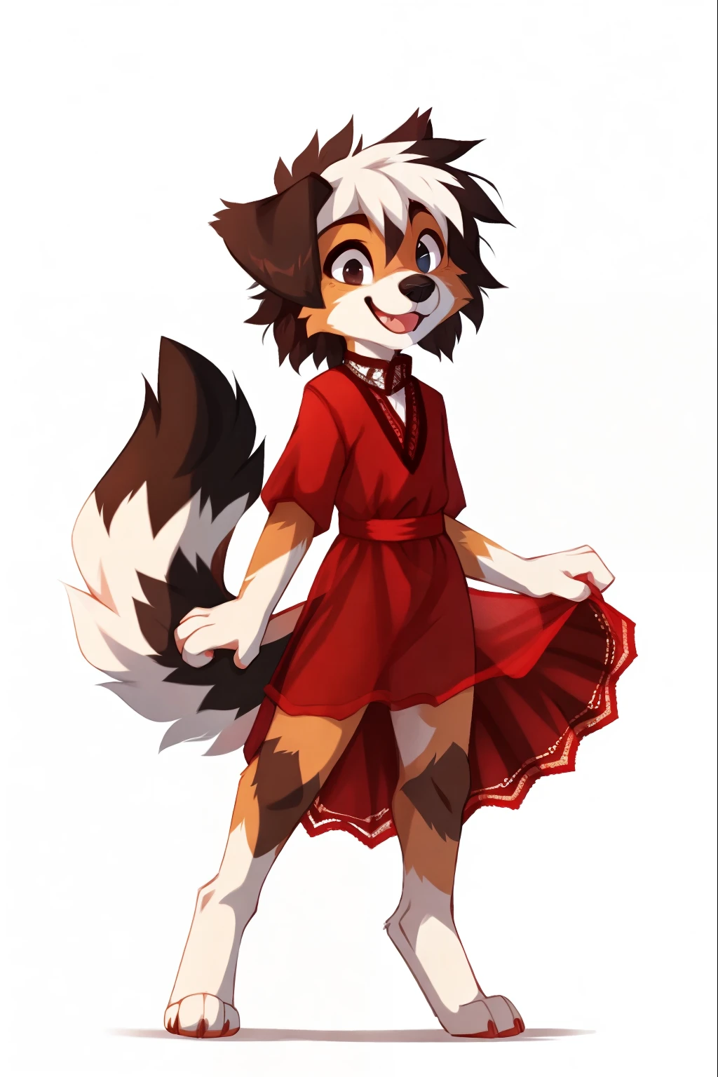 No background, white background, ((by keihound, by reysi)), by Zackary911, by hyattlen, by fumiko, by fluff-kevlar, Furry, Anthro, ((Australian Shepard)), detailed fur, ((boy)), ((small)), ((short)), dynamic pose, happy, smiling, short white hair, ((fluffy tail)), ((fluffy butt)), ((see-through red silk dress, exposed thigh, lace garter)),