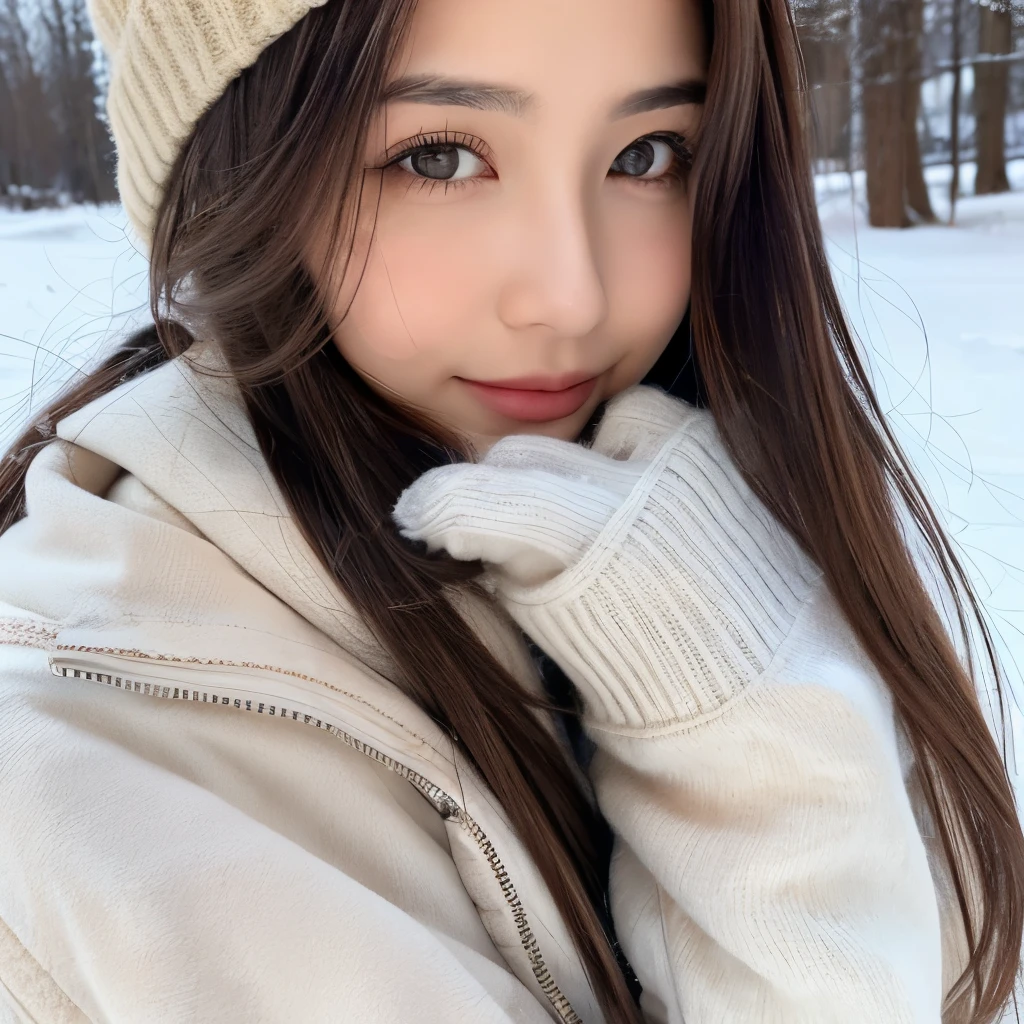Girl, long soft brown hair, gray eyes, sharp features, white skin, winter style