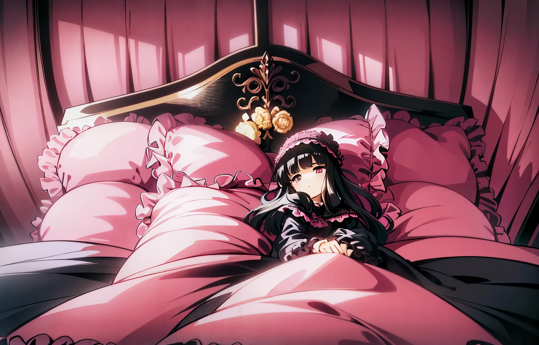 ,highest quality, masterpiece, highest resolution, artwork, super それにget used to it, many get used to it, get used to it, それにget used to it, 3K anime illustration,(( 10 year old girl)),Super detailed baby face,high quality small face,long black hair,Japanese,landmine girl,pajamas,,curly hair,((((ピンクのロリータファッションのlong skirtのワンピースドレス)))),((フリルとリボンがたっぷりついたピンクの可愛らしいpajamas)),((Luxurious pink headdress with frills and ribbons)),((((black ruffles and lace)))),detailed headdress,,(((big yoke collar))),Yoke collar with ruffles and ribbons,((((long sleeve)))),ruffle sleeves,((((long skirt)))),pink and black pillow with large ruffles and ribbons,(((Nice pink outfit))),豪華なcanopy bedの上,canopy bed,The bed is surrounded by luxurious curtains,There are many pink and black frilly pillows on the bed.,Behind the girl are many pink and black frilly pillows...,super detailed background,detailed bed,((((pink duvet with black lace and ruffles)))),soft pink comforter,Highly detailed soft ruffle pillow,Beautiful girl illustration,detailed beautiful face,thin hair,detailed eye ,detailed eyes,detailed mouth, arm details,fine hands,Detailed pillow,wide bed,Illustration on the bed, ,((((round futon)))),((((A large pink futon that covers the entire bed)))),detailed comforter,detailed bedシーツ,Before bedtime,romantic atmosphere,palace bedroom,((((The lower body is hidden under a large futon....)))) The girl is leaning on a pile of pillows, ,((((round futon)))),((((Large pink ruffle comforter with black ruffles and lace covering the entire bed)))),look at me with contempt,Hold your hands,bring both hands close to the mouth,