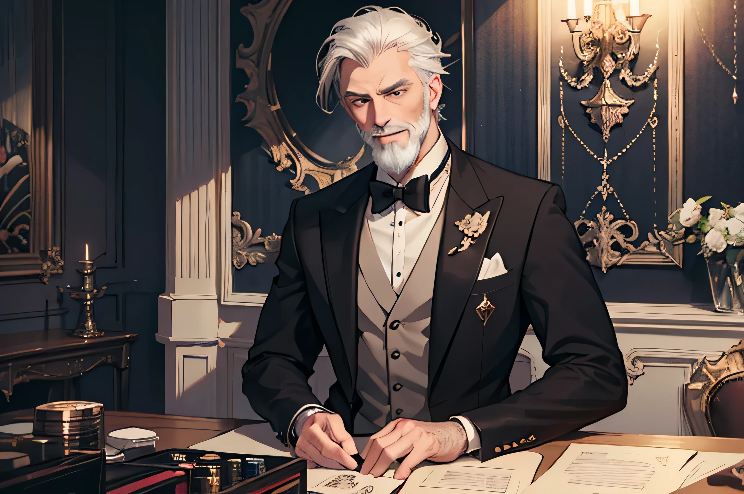 Sebastian、1 grandfather、gentleman、Gray-haired grandfather、white beard、rich、suit、A bow tie、highest quality, intricate details, chromatic aberration, towards the wall,towards the wall, shine, neon light, Black light,smile、casino、highest quality, High resolution, , anime style, concept art