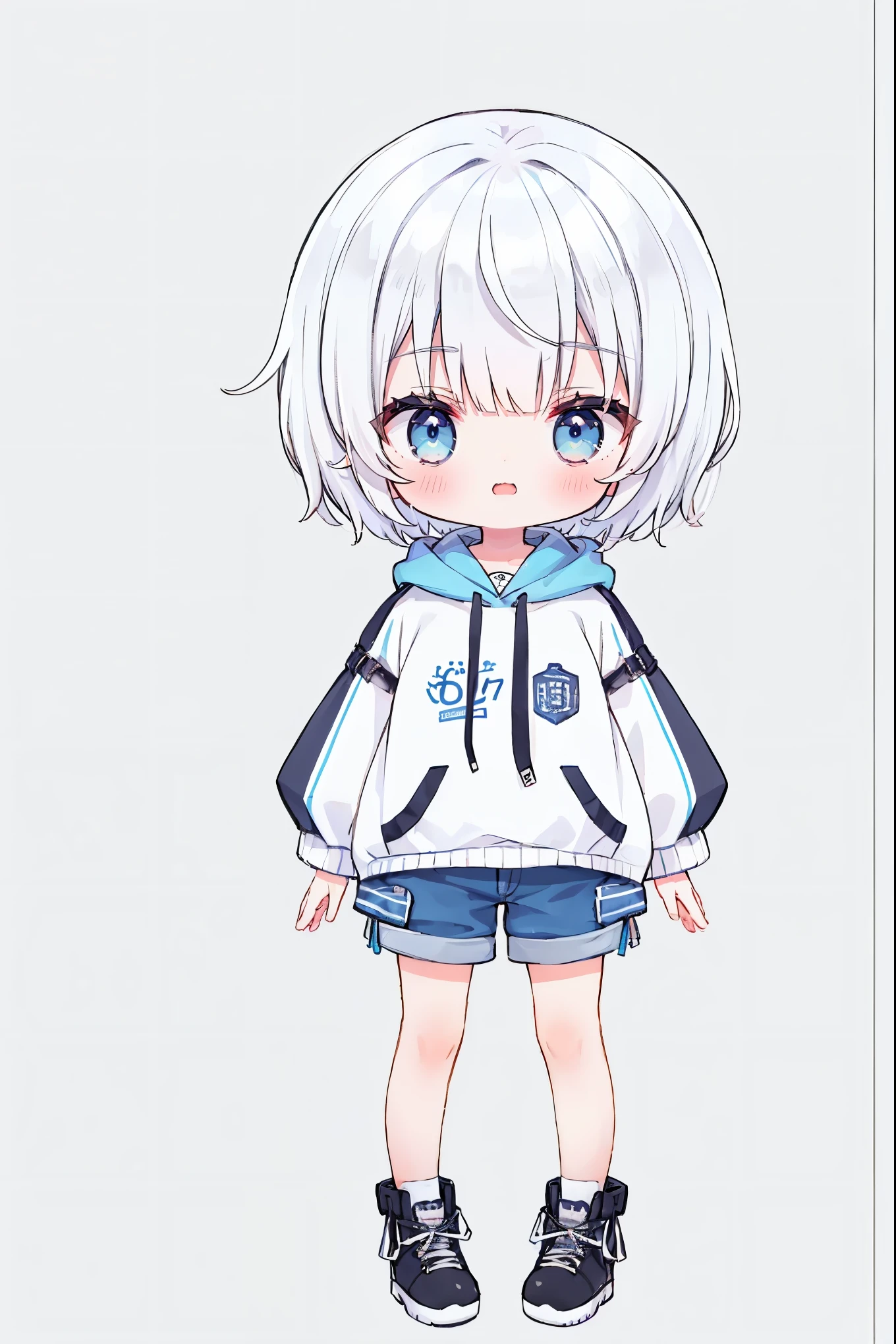 from front, full body, chibi, grey background, simple background, 1girl, 15 years old, open mouth, white hair, short hair, blue eyes, hoodie, short pants, virtual youtuber, 8K, beautiful detailed eyes,