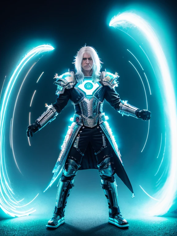 little A ,white hair,Cyan hair is dyed,Long white hair,Leuchtende cyanfarbene Augen,Mechanische Tierohren,In his left hand he held a large white sword,Full Body Esbian,Blick in die Sterne,Chosen Ji,Cyber Punk Perssonage,Ein futuristisches,Neonlicht,Filmische Komposition,Farbe tropft,Farbenpracht,KomplexDetails,Bestes Meisterwerk,Highest picture quality,8k resolution,PC-Hintergrundbilder,Bunter Sternenhimmelhintergrund