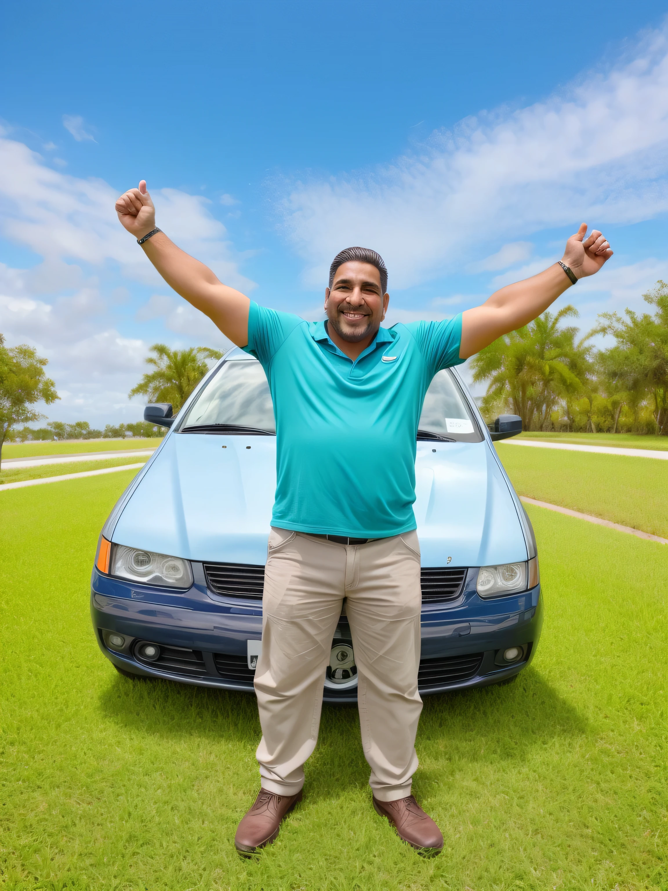 hombre arafed parado frente a un auto con los brazos extendidos, pose triunfante, el hombre encuentra la felicidad, old charismatic mechanic, ganador del concurso pixabay, De pie triunfante y orgulloso, foto comprada, muy muy feliz, el fondo es celestial, florida man, Mostrando victoria, Toma de fotos, hombre indistinto con la mano en alto, buenas proporciones, disparo de coche 4k