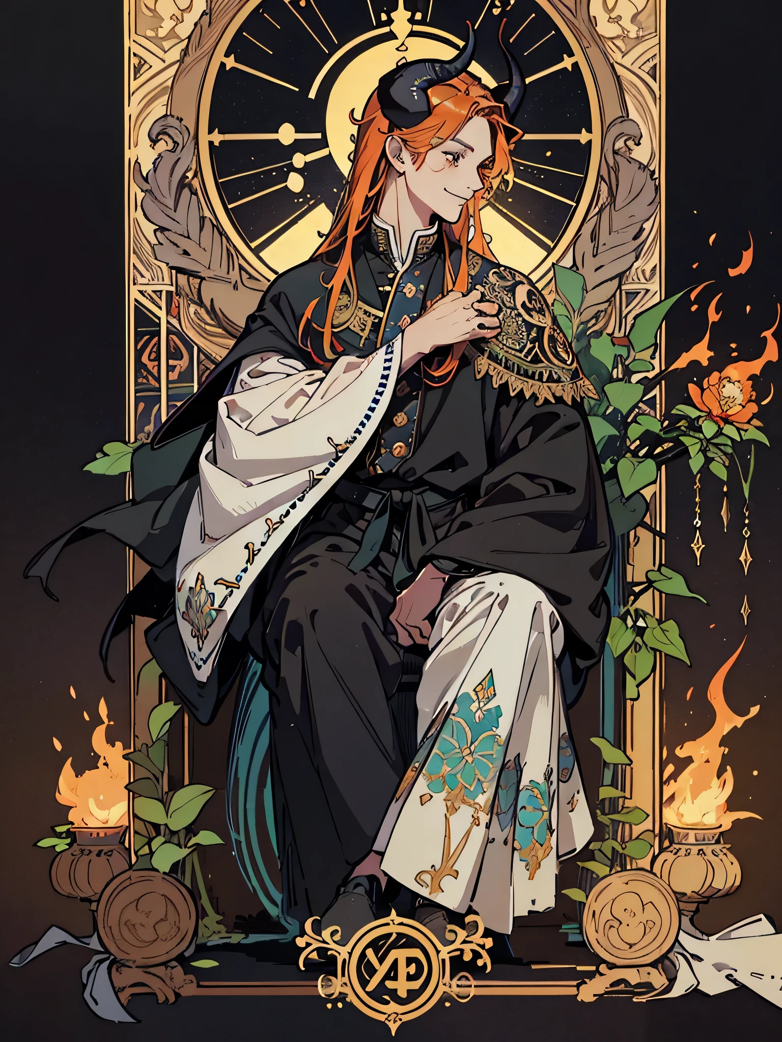 (Flat color:1.1),(Colorful:1.3),(Masterpiece:1.2), tarot: warlock, Best quality, Masterpiece, Original, 1 male, happy, smiling, orange mid length hair, ((black horns)), demon, midnight blue robes, freckles on face, black eyes,Full body photo of men,quarter profile, Very detailed wallpaper,Solo,hell setting,flames, tarot card layout,Best quality, Masterpiece, (Realistic:0.6), Realistic lighting,Flower frame, Decorative panels, abstract artistic, Alphonse Mucha (tmasterpiece, best qualtiy, A high resolution: 1.4), A detailed, Complicated details, 4K,cerulean, Line art, Fibonacci