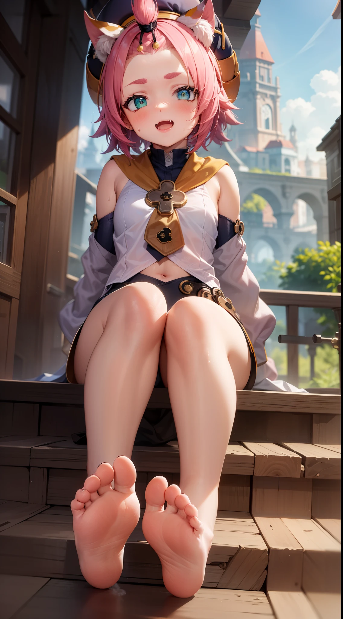 masterpiece,highres,dionadef,1girl,smirk,skin fang,blush,open mouth,sitting on the steps,legs legs focus,feet,bare feet,（five toes1.5）,soles of feet,sweating,steam,****