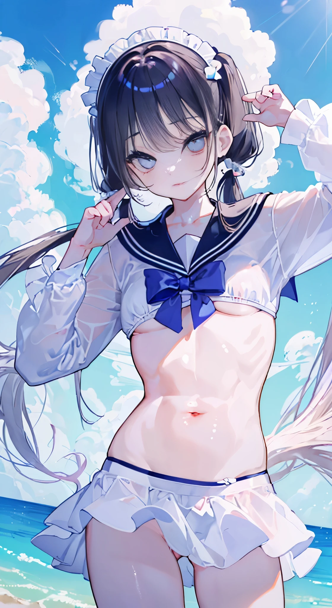 "(perfect masterpiece:1.2), (highest quality:1.2), stunning face, uniform, mature and chubby, Big eyes, compensate, long and luxurious eyelashes, lip whole, irresistible charisma.",Maid clothes,belly button,(((boy))),(((twin tails))),abs,raised his arms,micro swimwear,NSFW,(((muscle))),sailor suit,nsfw,(((piece)))