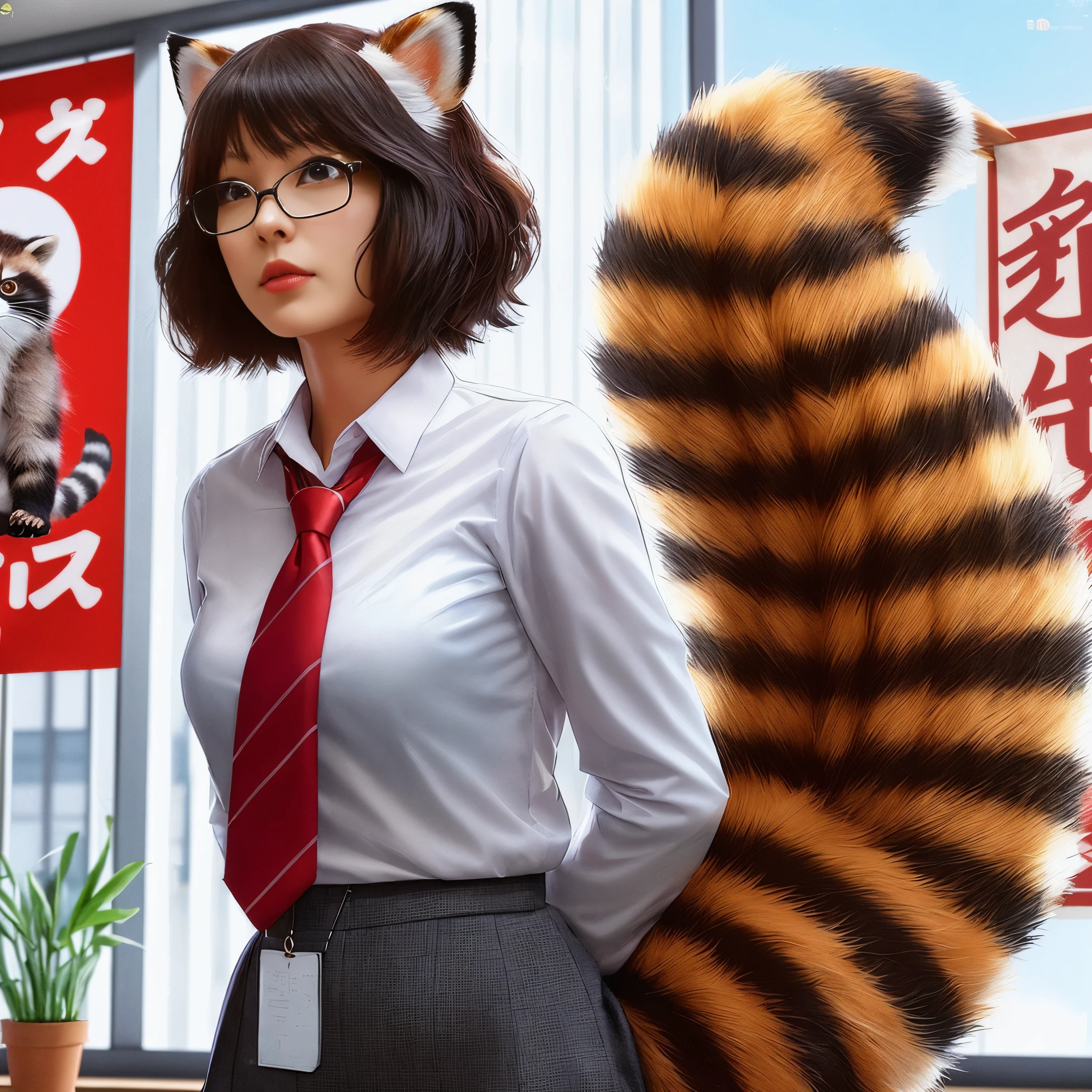 A woman wearing a raccoon tail and a business shirt, realistic 3d style, Red Panda in Propaganda Poster, realistic , furry, inspired by Kanō Naizen, furryアート, pov furryアート, Realistic style on pixiv, anime cat girl, furry女性, photograph , highest quality